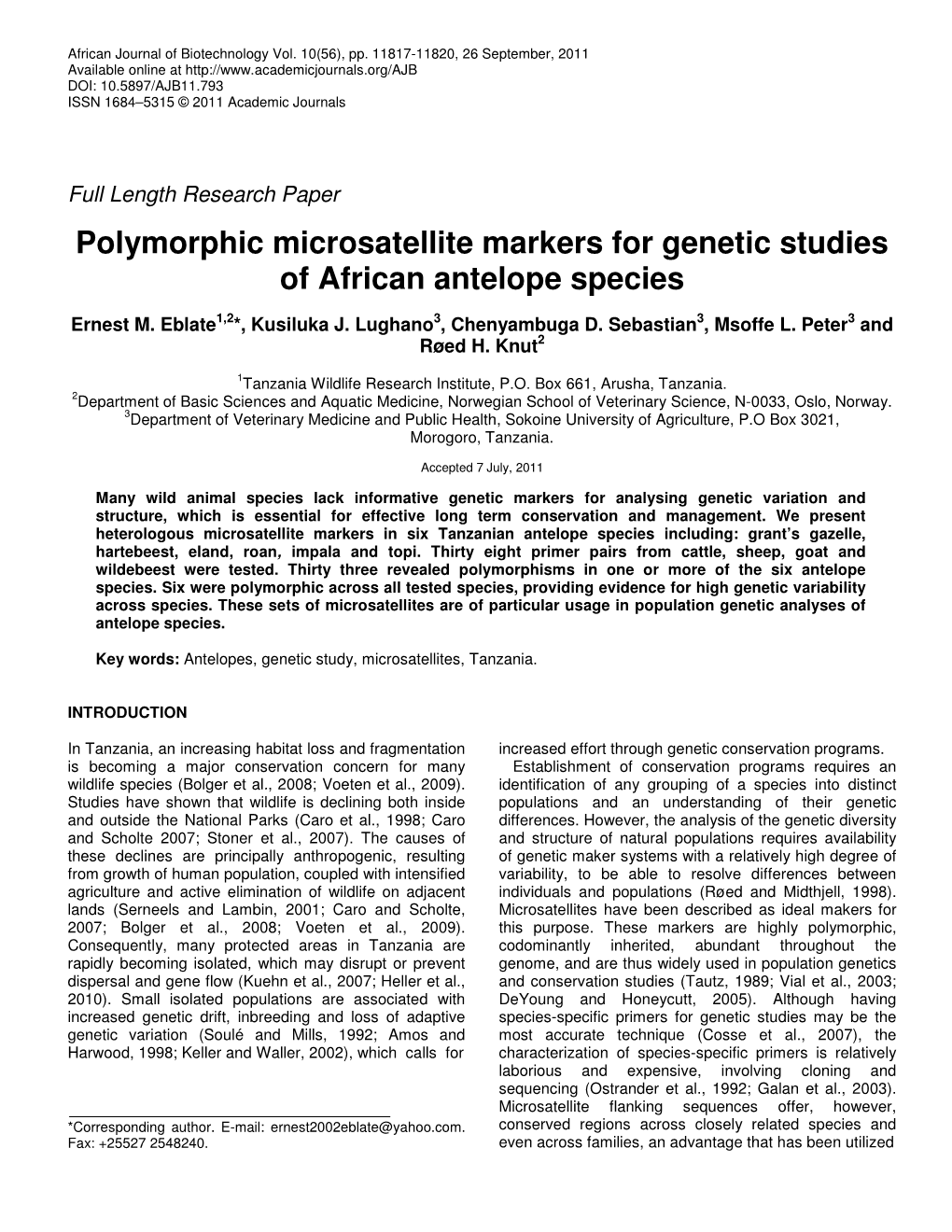 Polymorphic Microsatellite Markers for Genetic Studies of African Antelope Species