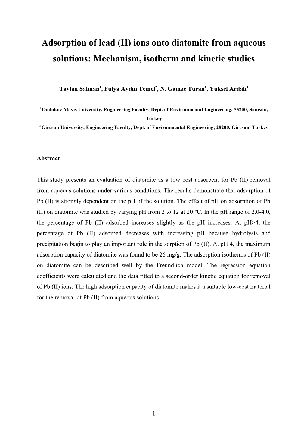 Adsorption of Lead (II) Ions Onto Diatomite from Aqueous Solution: Mechanism, Isotherm