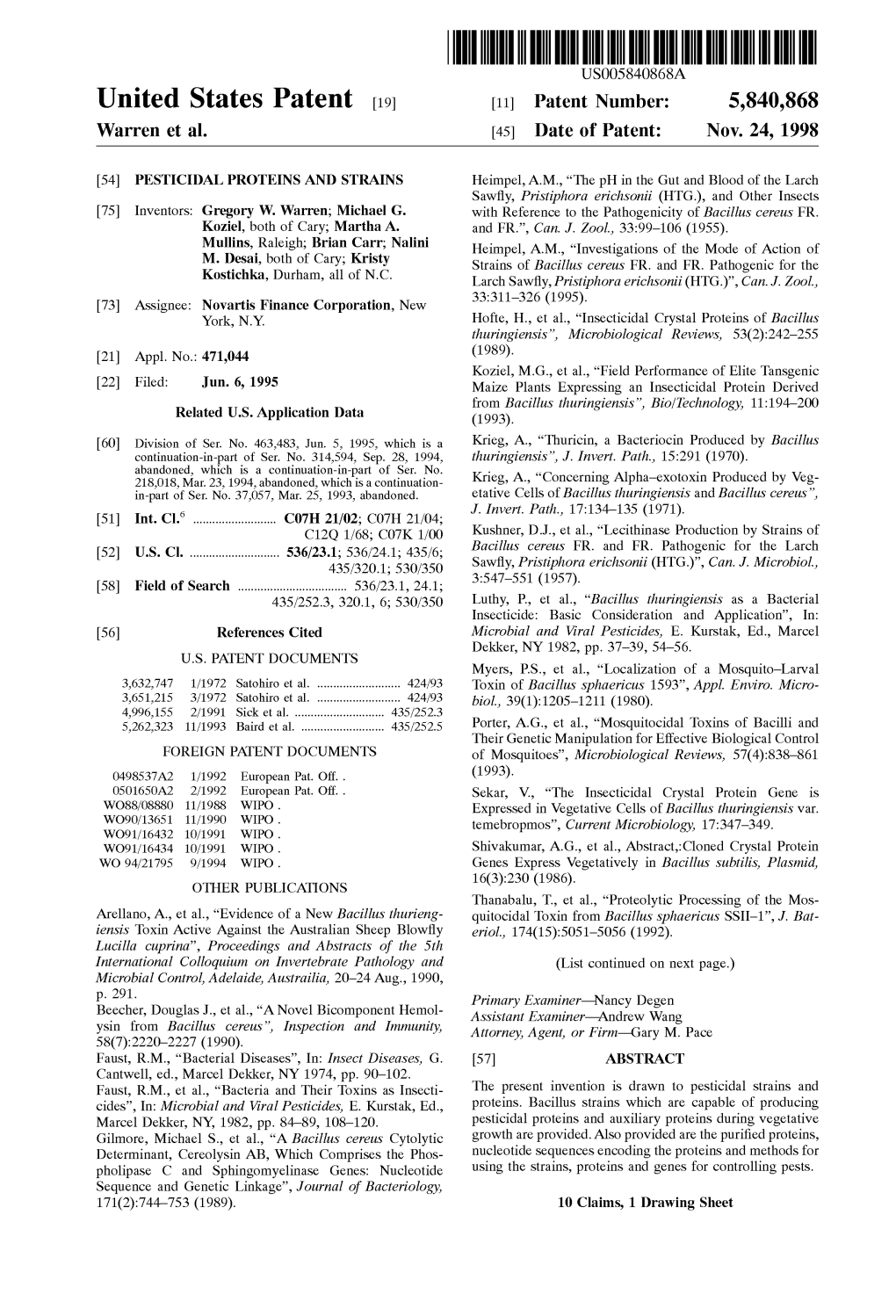 United States Patent (19) 11 Patent Number: 5,840,868 Warren Et Al