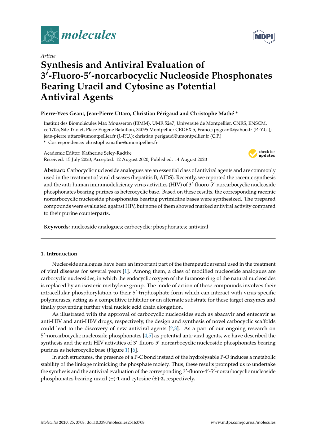 Fluoro-5'-Norcarbocyclic Nucleoside Phosphonates Bearing Uracil And