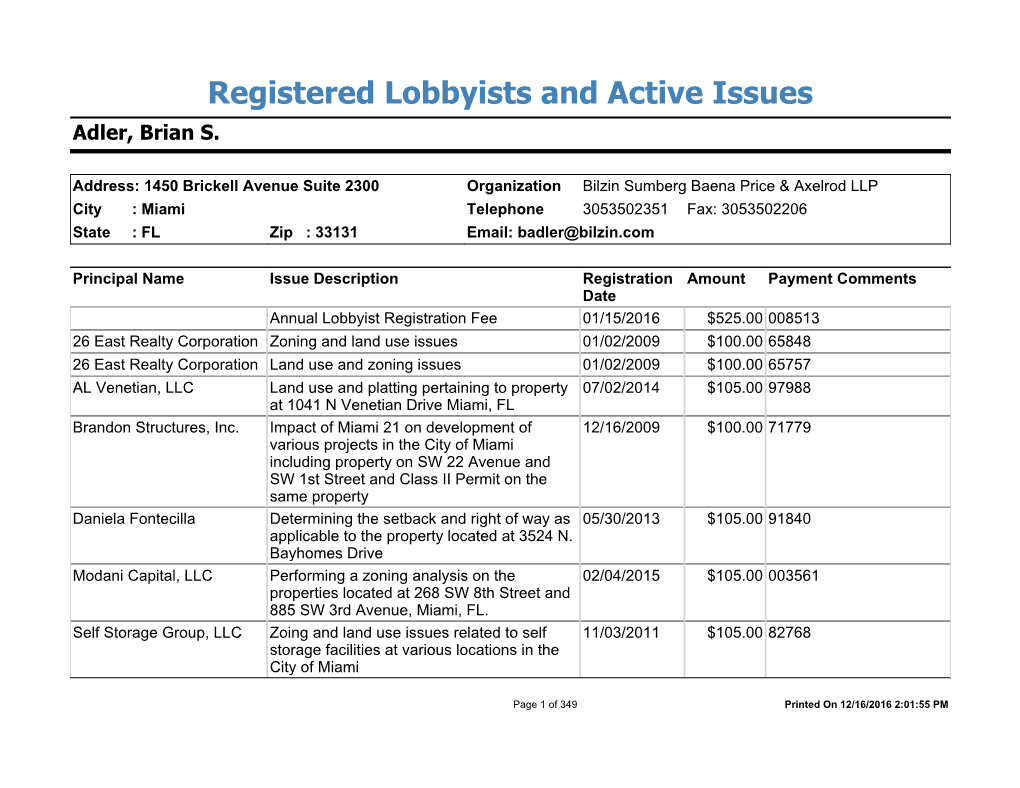 Registered Lobbyists and Active Issues Adler, Brian S