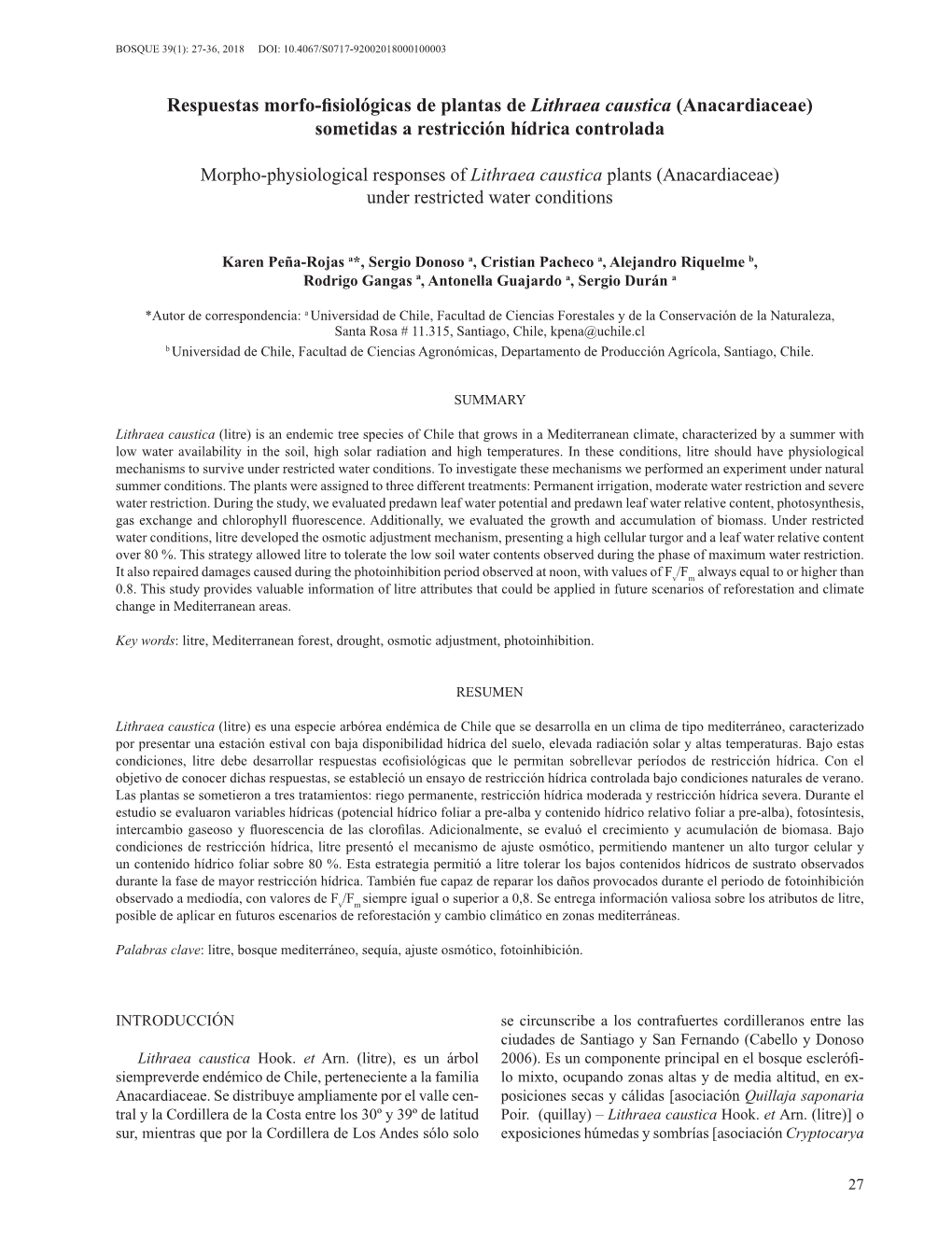 Respuestas Morfo-Fisiológicas De Plantas De Lithraea Caustica (Anacardiaceae) Sometidas a Restricción Hídrica Controlada