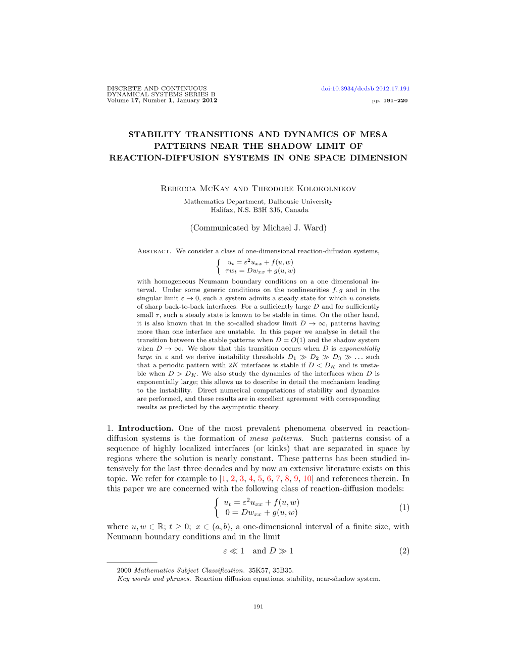 Stability Transitions and Dynamics of Mesa Patterns Near the Shadow Limit of Reaction-Diffusion Systems in One Space Dimension R