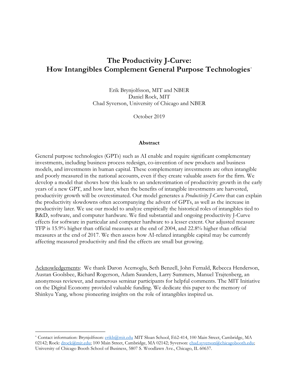 The Productivity J-Curve: How Intangibles Complement General Purpose Technologies*