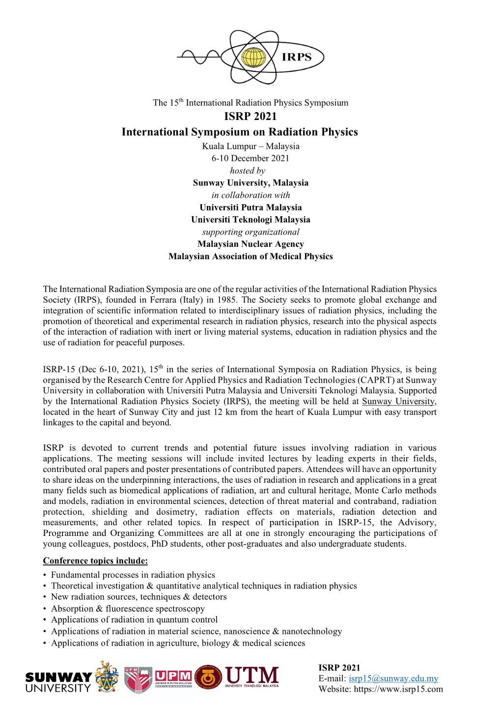 ISRP 2021 International Symposium on Radiation Physics
