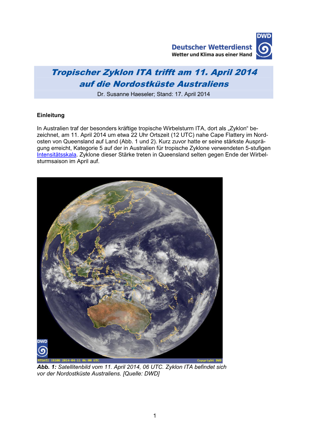 Tropischer Zyklon ITA Trifft Am 11. April 2014 Auf Die Nordostküste Australiens Dr