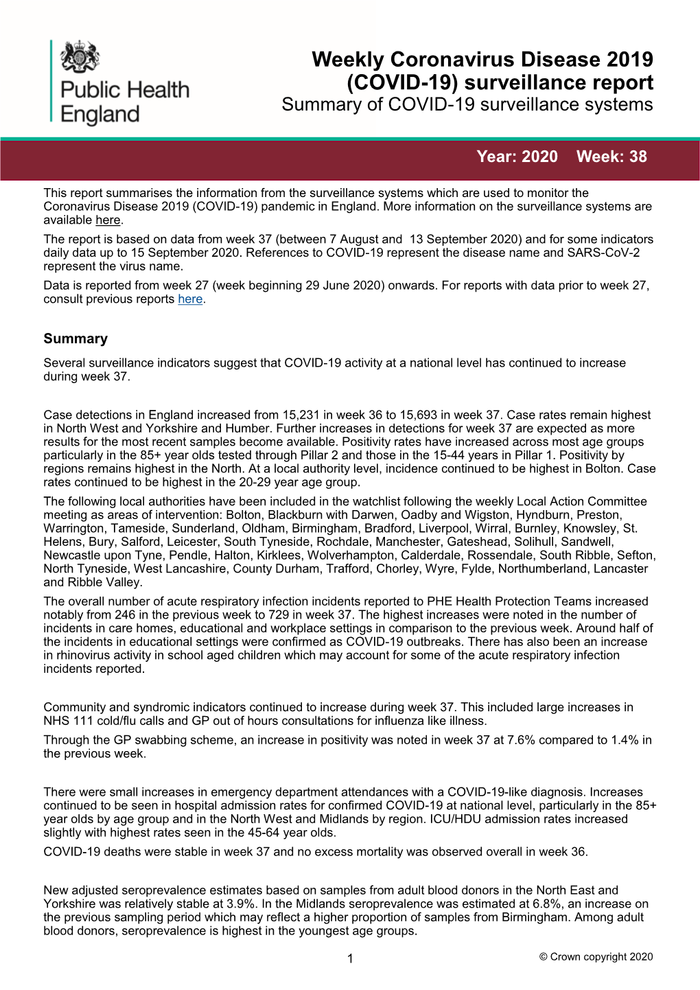 Weekly Coronavirus Disease 2019 (COVID-19) Surveillance Report Summary of COVID-19 Surveillance Systems