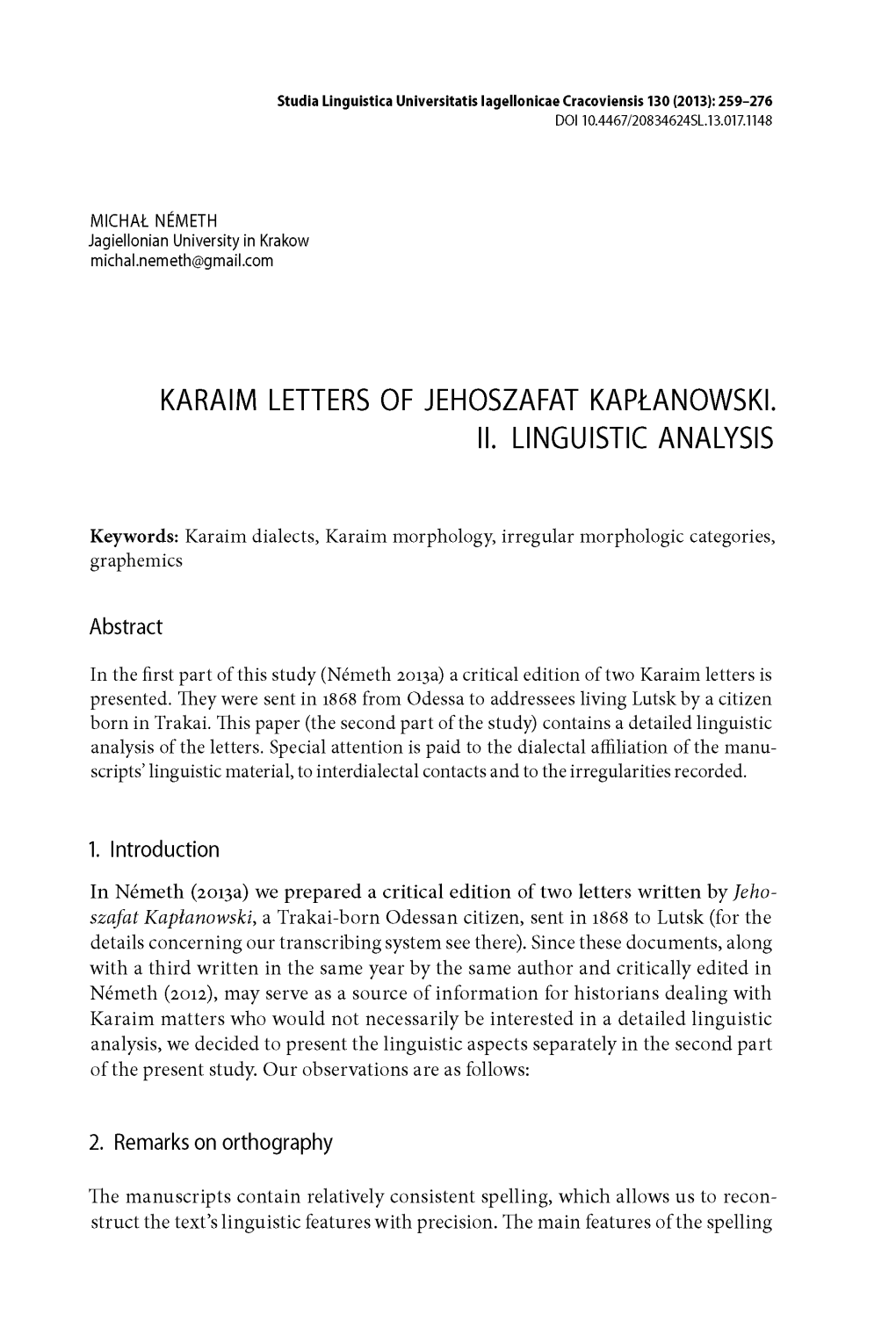 Karaim Letters of Jehoszafat Kapłanowski. Ii. Linguistic Analysis