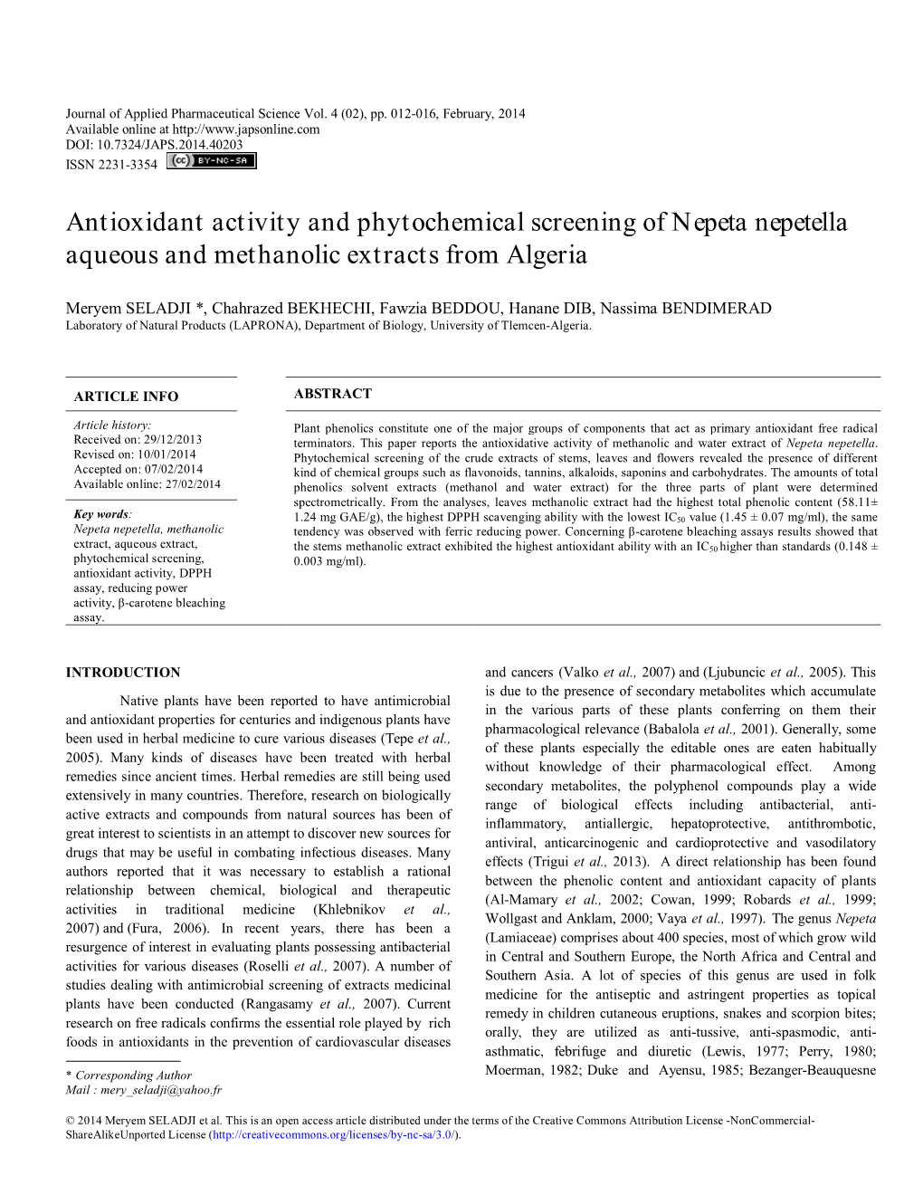 Antioxidant Activity and Phytochemical Screening of Nepeta Nepetella Aqueous and Methanolic Extracts from Algeria