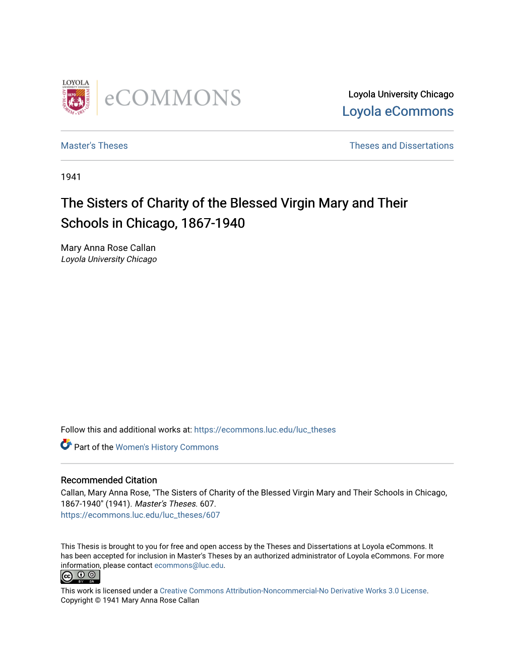 The Sisters of Charity of the Blessed Virgin Mary and Their Schools in Chicago, 1867-1940