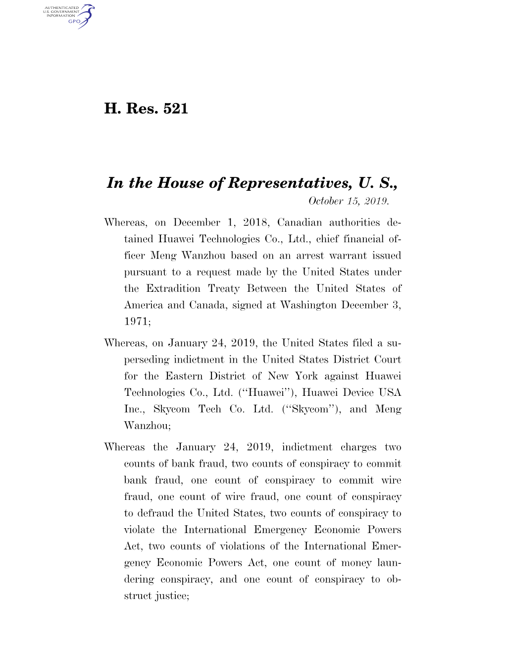 H. Res. 521 in the House of Representatives, U