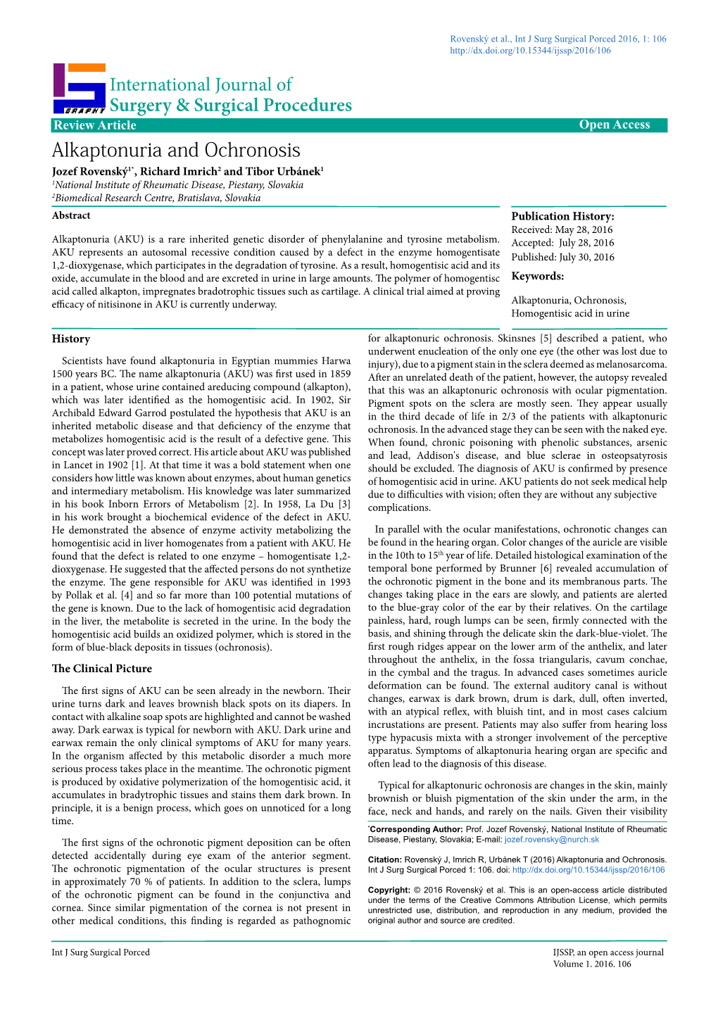Alkaptonuria and Ochronosis International Journal of Surgery