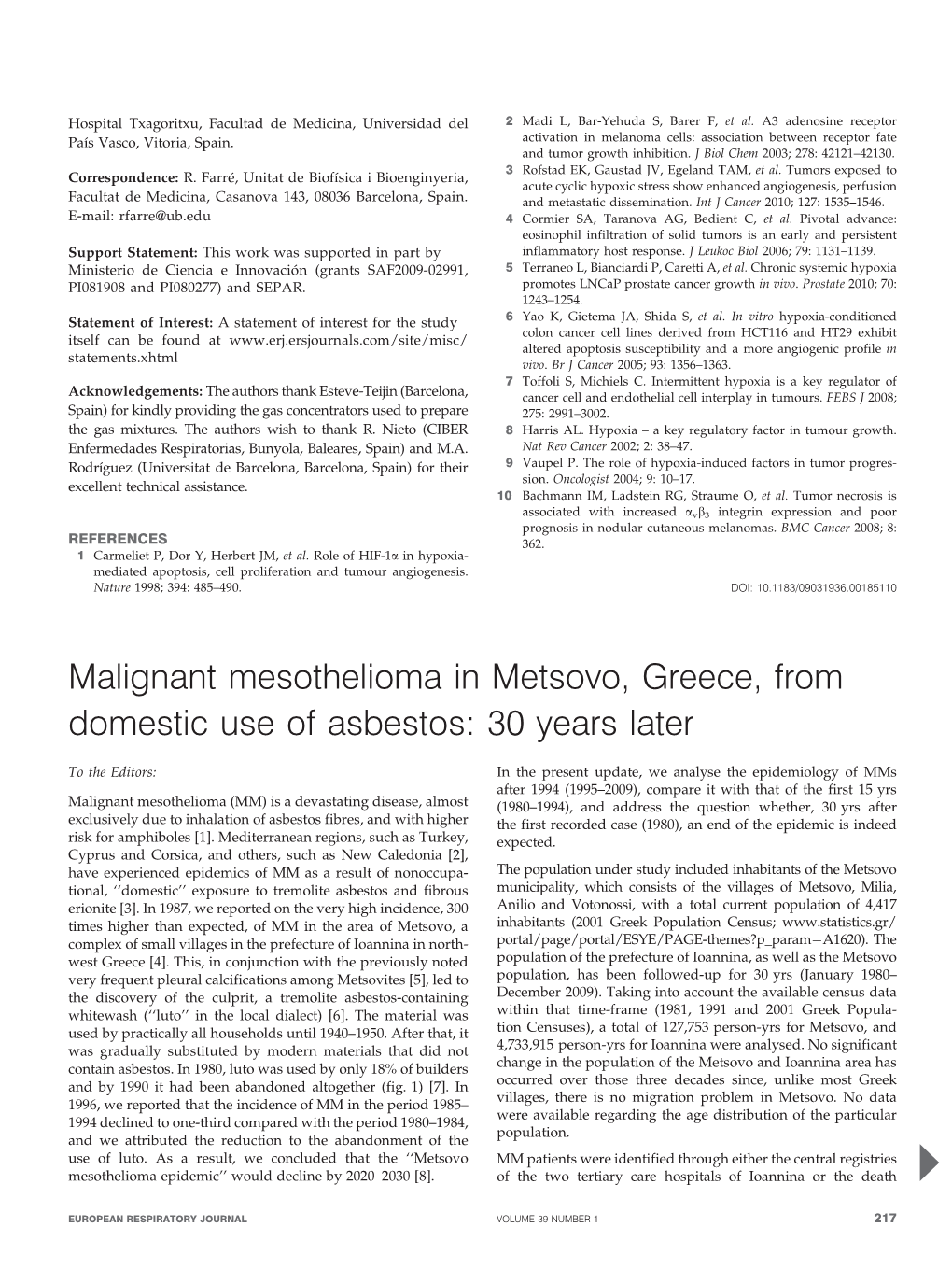 Malignant Mesothelioma in Metsovo, Greece, from Domestic Use of Asbestos: 30 Years Later