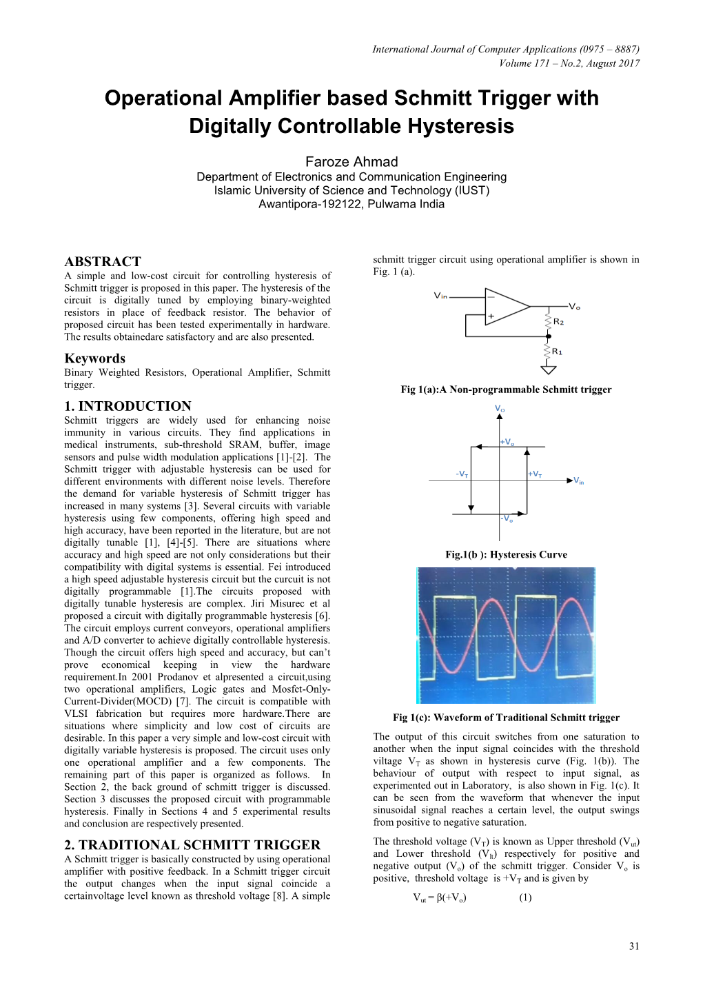 Operational Amplifier Based Schmitt Trigger with Digitally Controllable Hysteresis