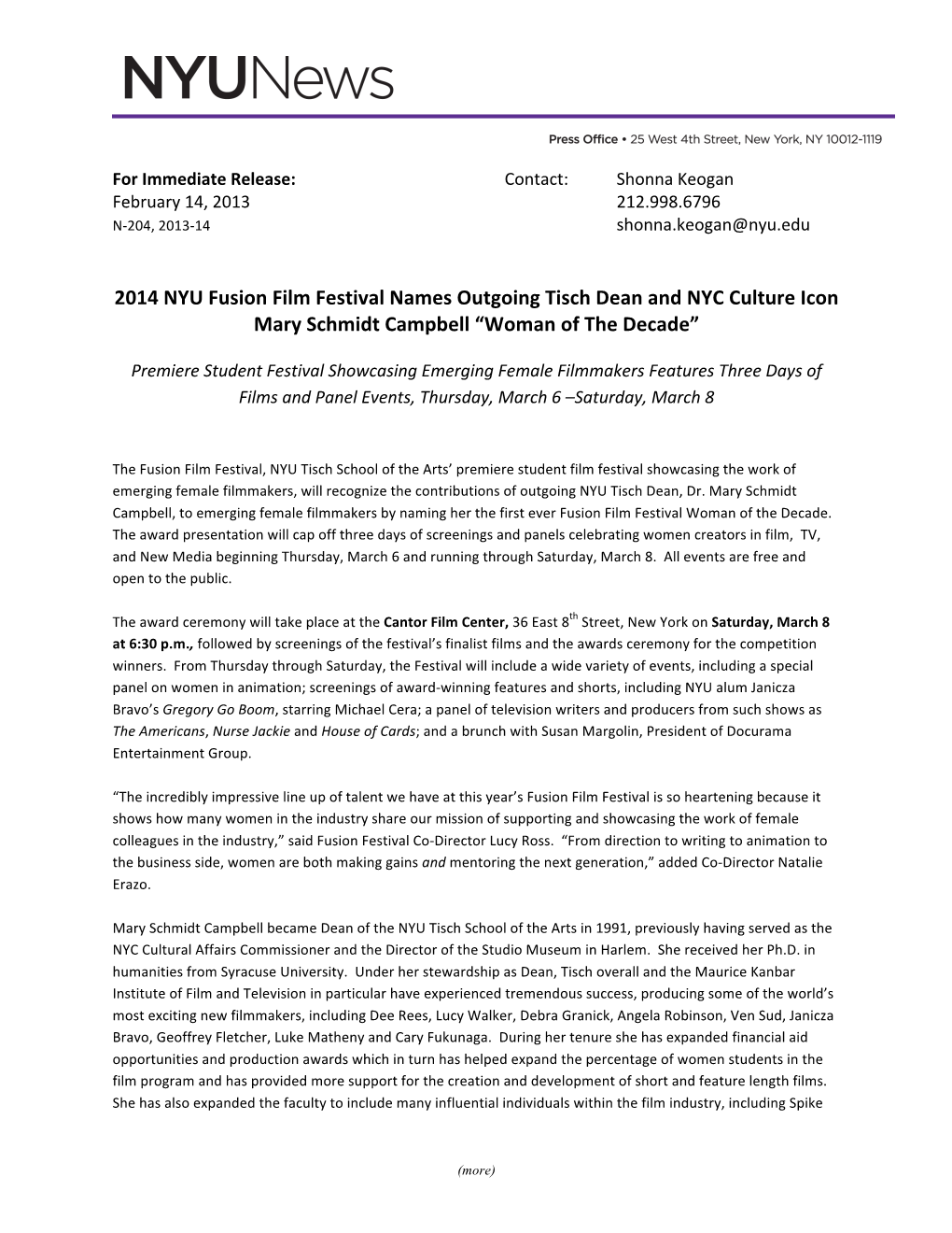 2014 NYU Fusion Film Festival Names Outgoing Tisch Dean and NYC Culture Icon Mary Schmidt Campbell “Woman of the Decade”