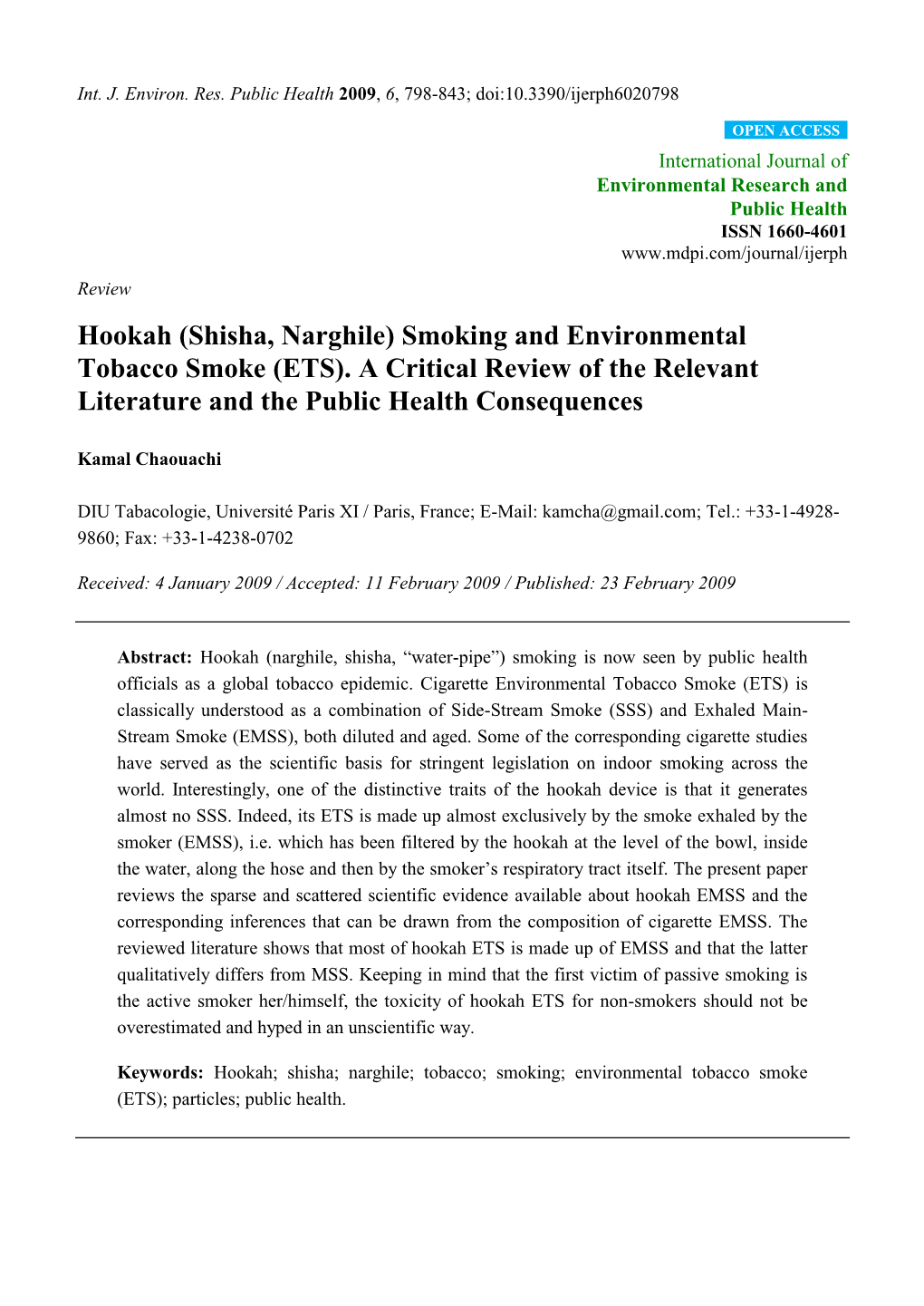 Hookah (Shisha, Narghile) Smoking and Environmental Tobacco Smoke (ETS)