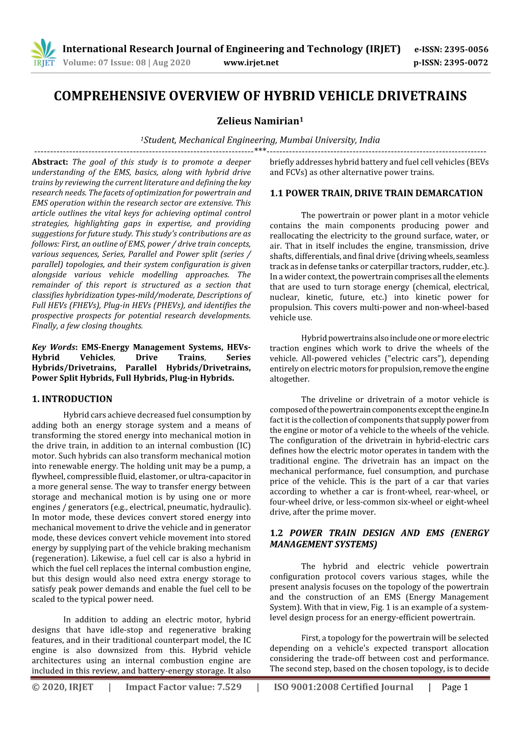 Comprehensive Overview of Hybrid Vehicle Drivetrains