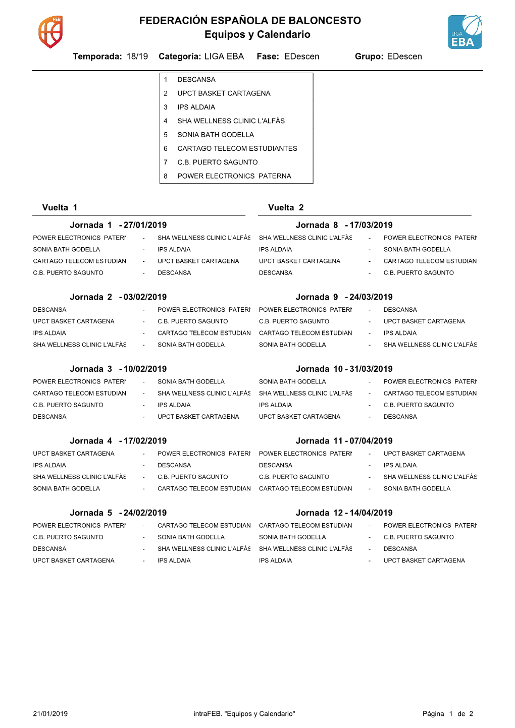 Equipos Y Calendario FEDERACIÓN ESPAÑOLA