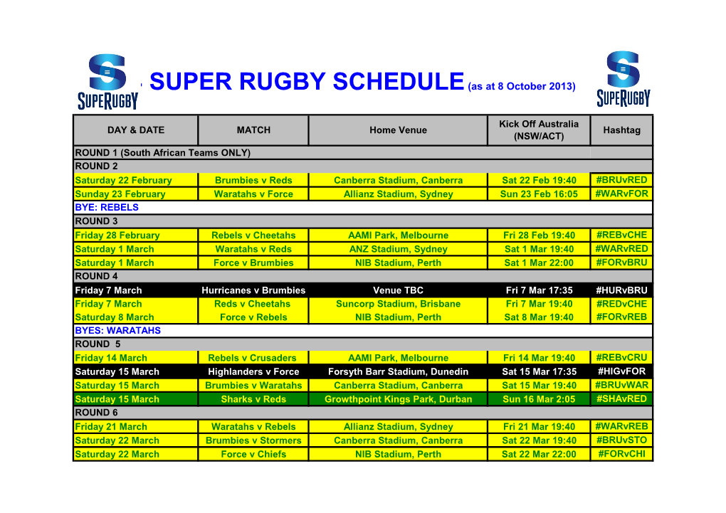 2014 SUPER RUGBY SCHEDULE(As at 8 October 2013)