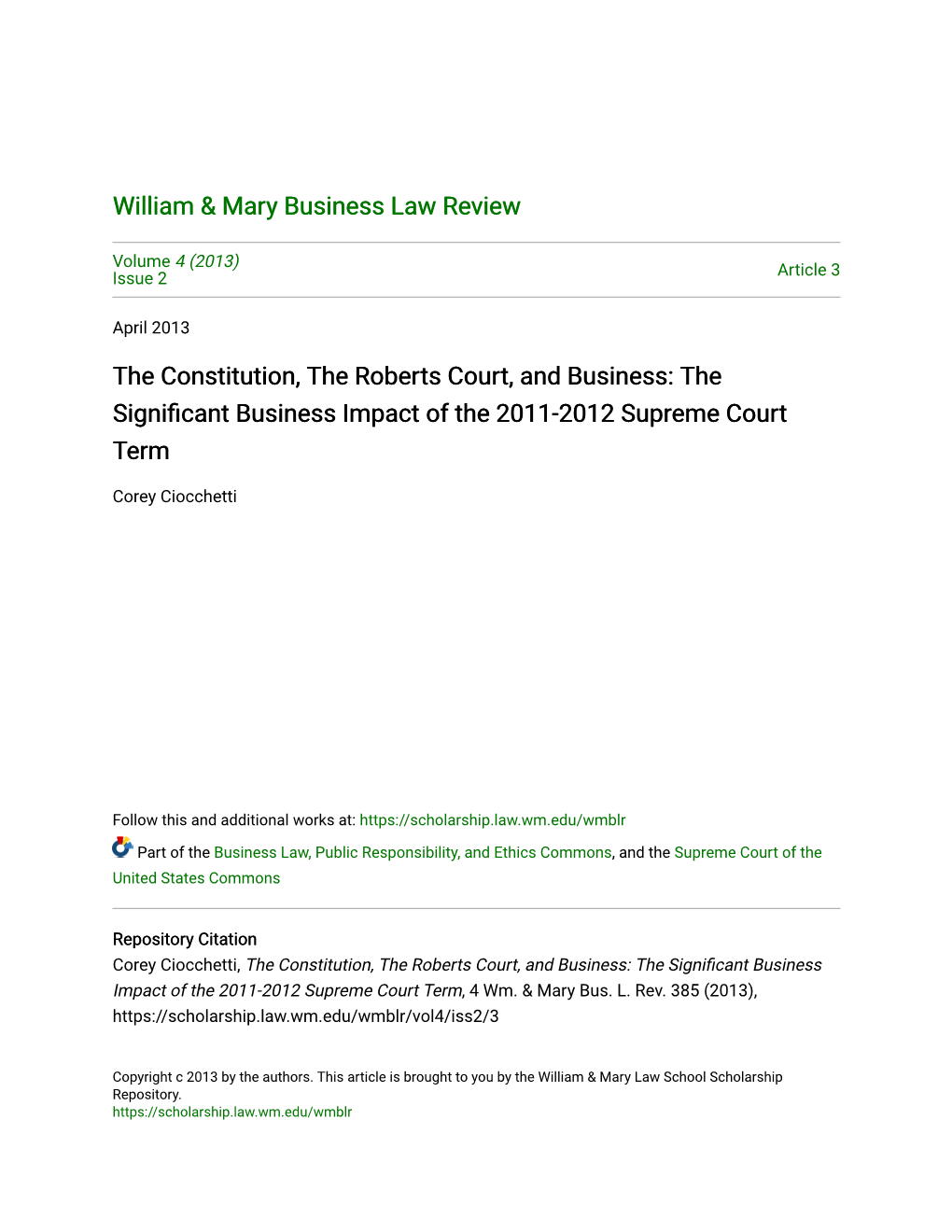 The Constitution, the Roberts Court, and Business: the Significant Business Impact of the 2011-2012 Supreme Court Term