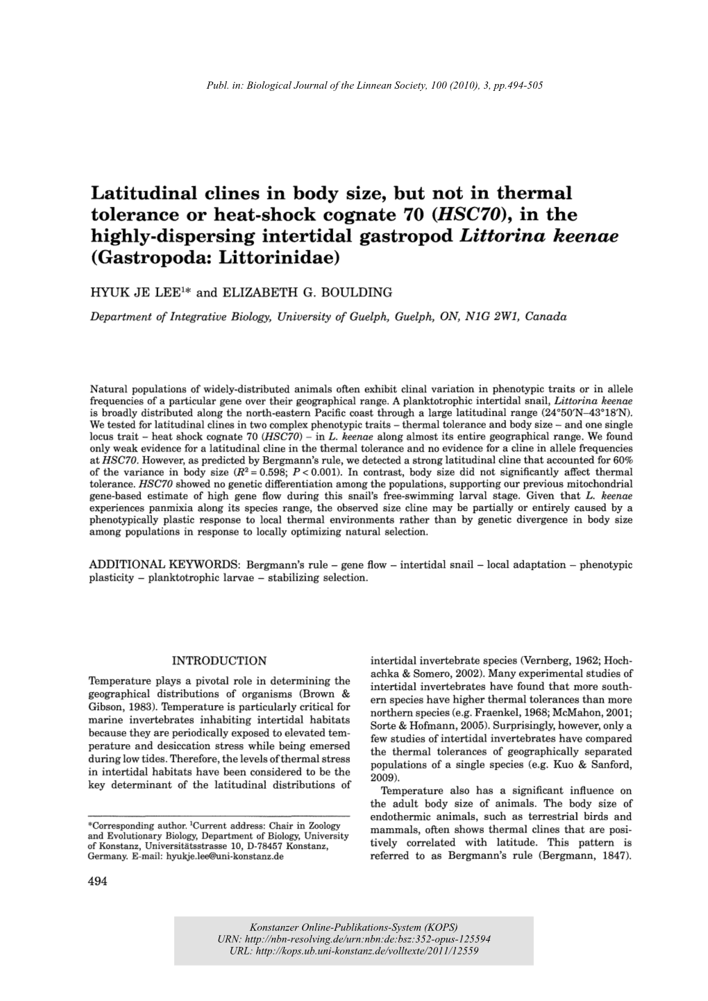 Latitudinal Clines in Body Size, but Not in Thermal Tolerance Or Heat-Shock Cognate 70 (HSC70), in the Highly-Dispersing Interti