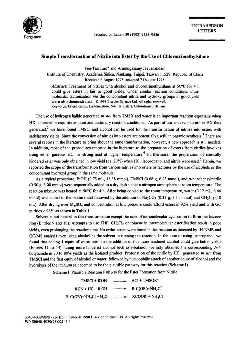 Simple Transformation of Nitrile Into Ester by the Use of Chiorotrimethylsilane