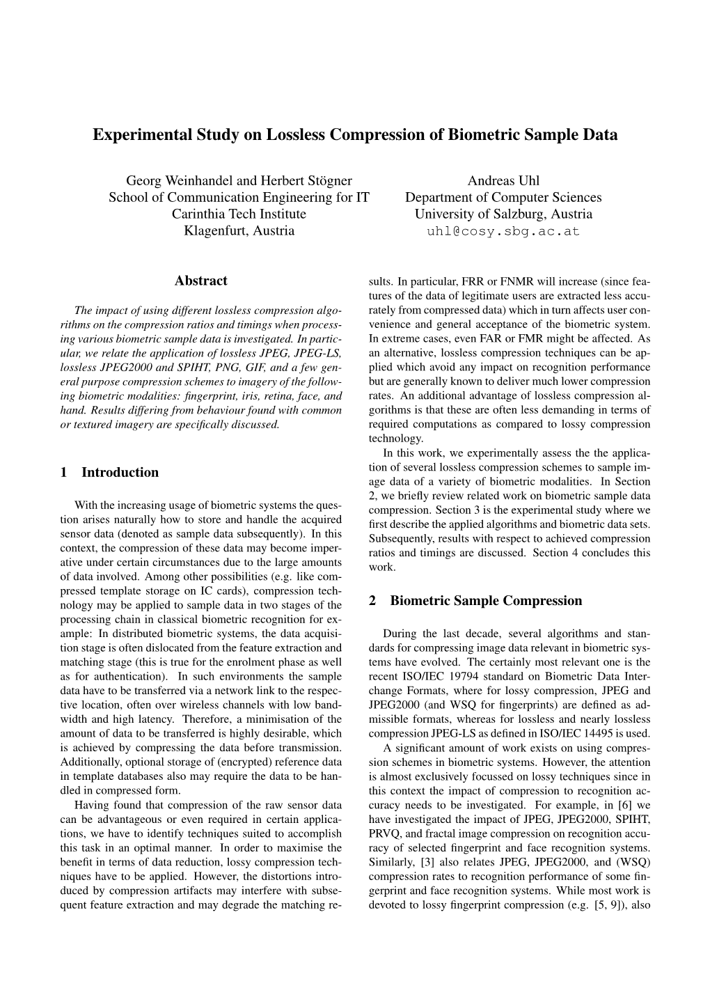 Experimental Study on Lossless Compression of Biometric Sample Data