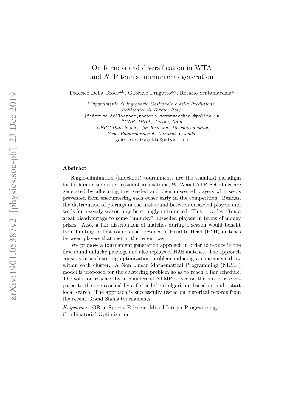 Arxiv:1901.05387V2 [Physics.Soc-Ph] 23 Dec 2019 the Recent Grand Slams Tournaments