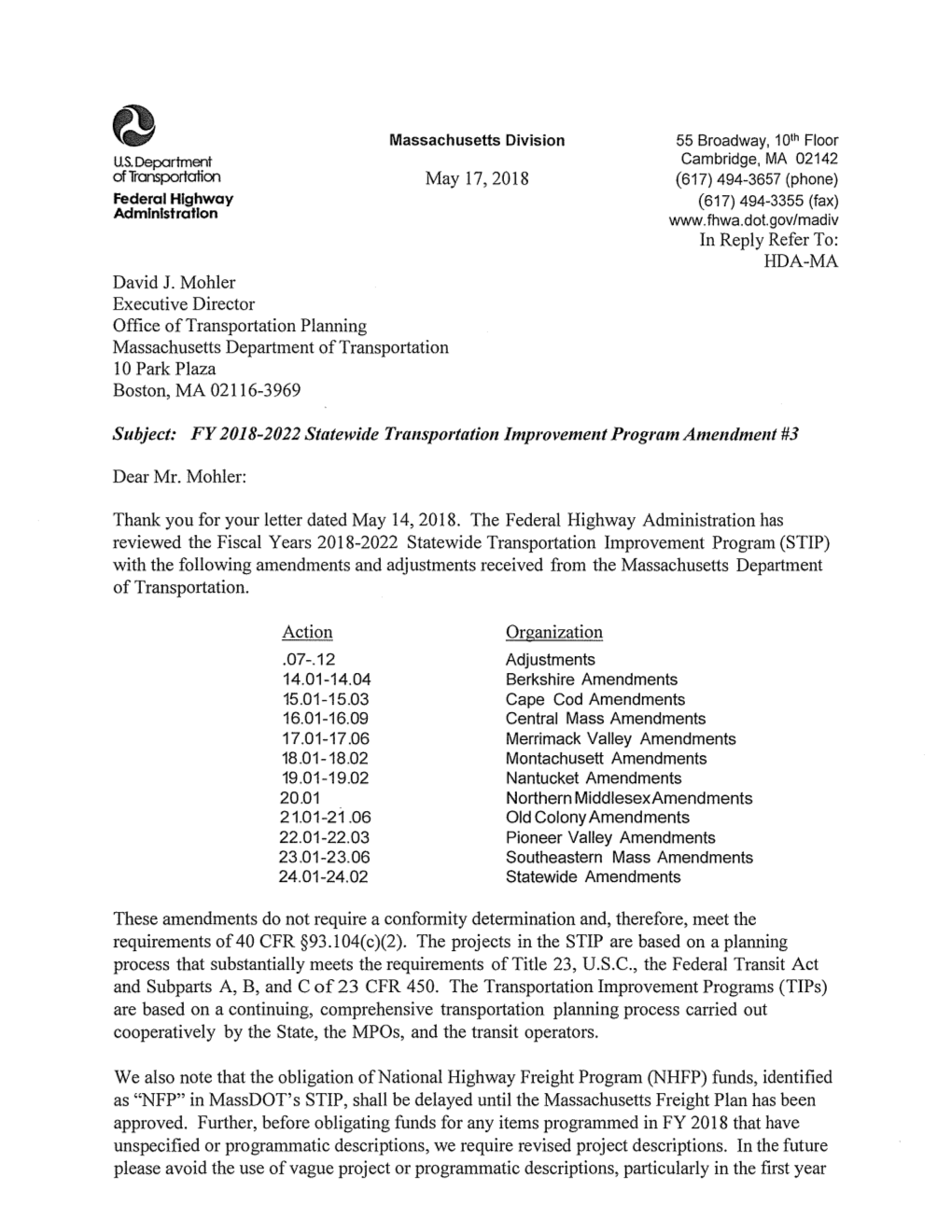 Highway (617) 494-3355 (Fax) Administration in Reply Refer To: HDA-MA David J