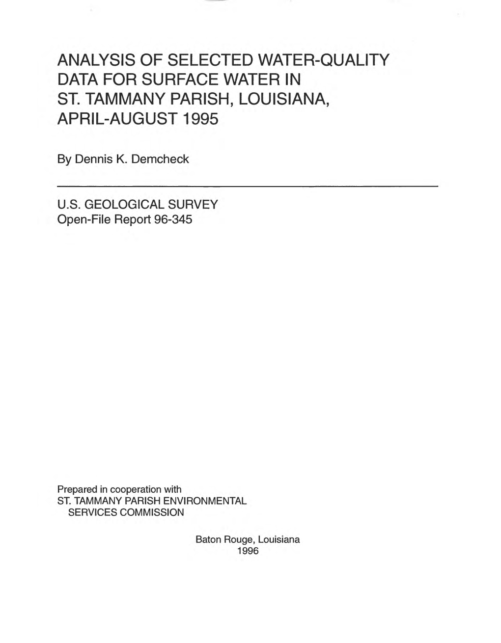 Analysis of Selected Water-Quality Data for Surface Water in St. Tammany Parish, Louisiana, April-August 1995