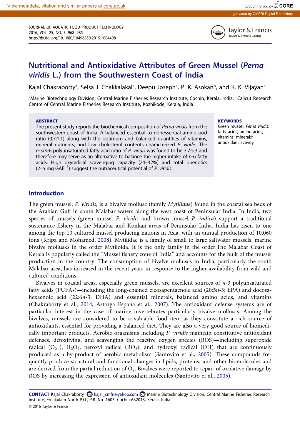 Nutritional and Antioxidative Attributes of Green Mussel (Perna Viridis L.) from the Southwestern Coast of India