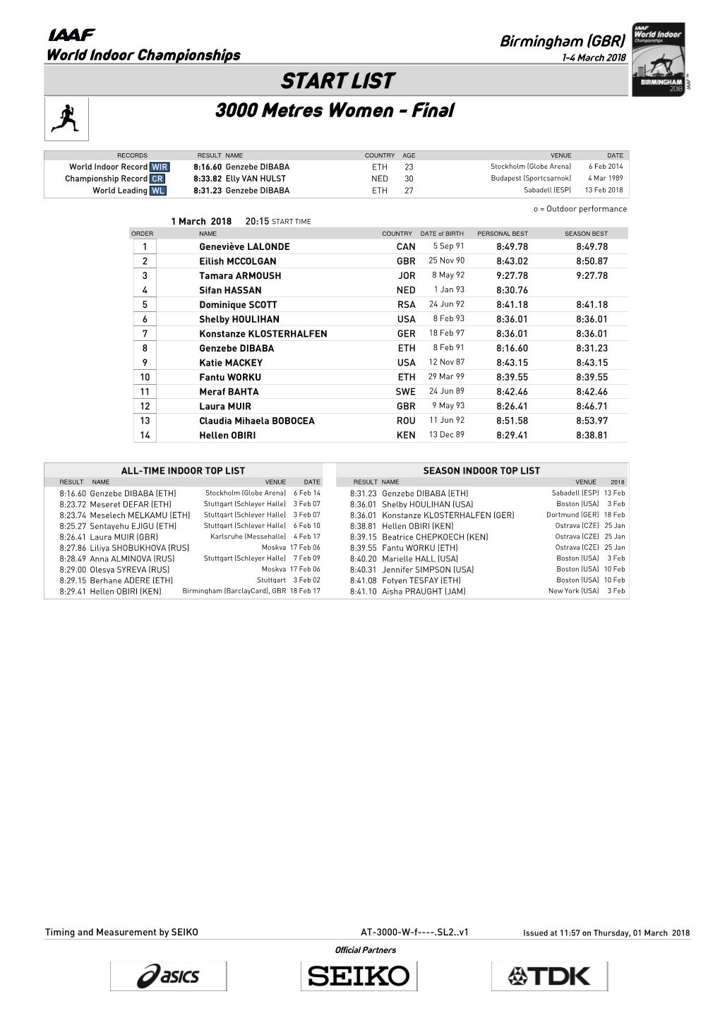 START LIST 3000 Metres Women - Final