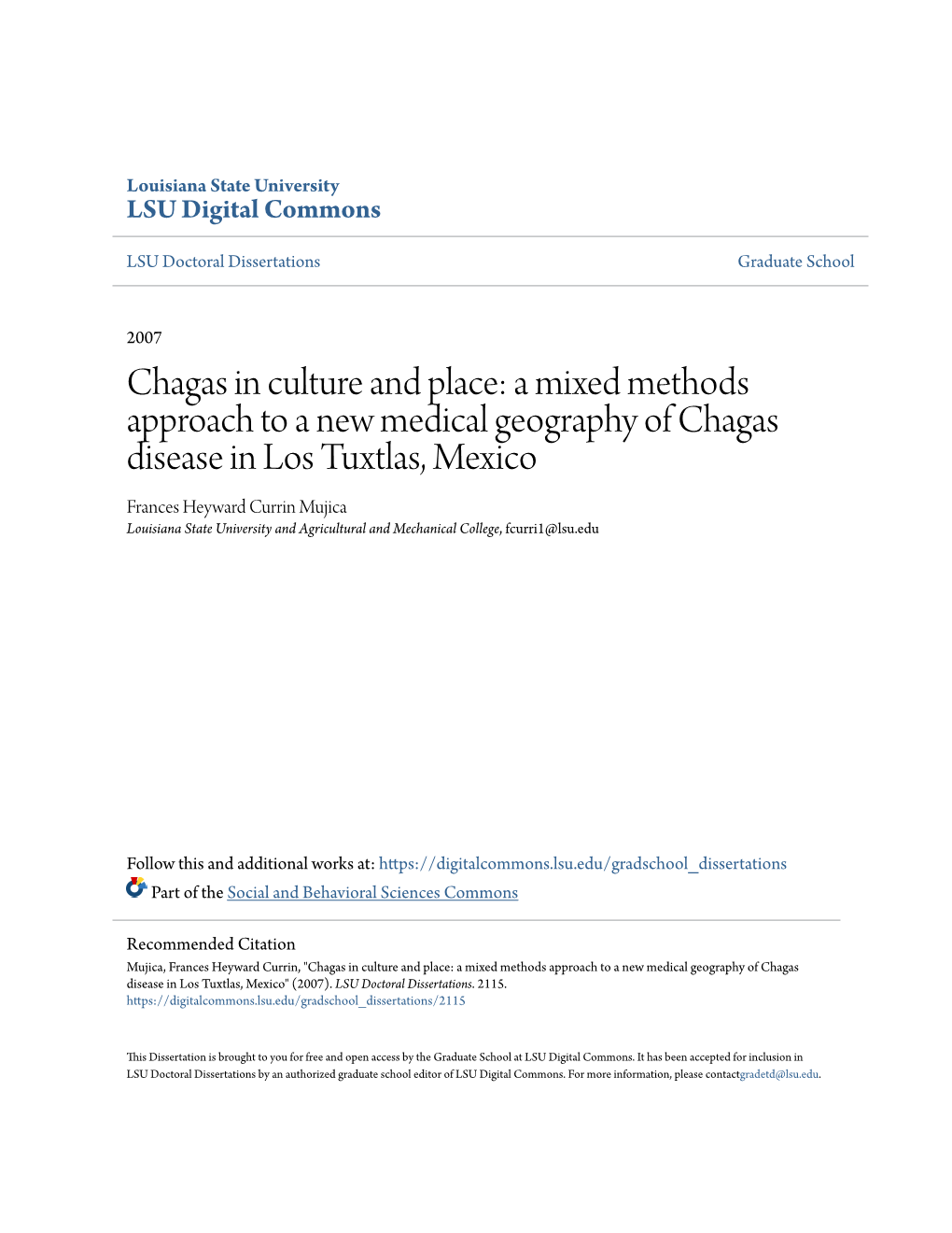A Mixed Methods Approach to a New Medical Geography of Chagas