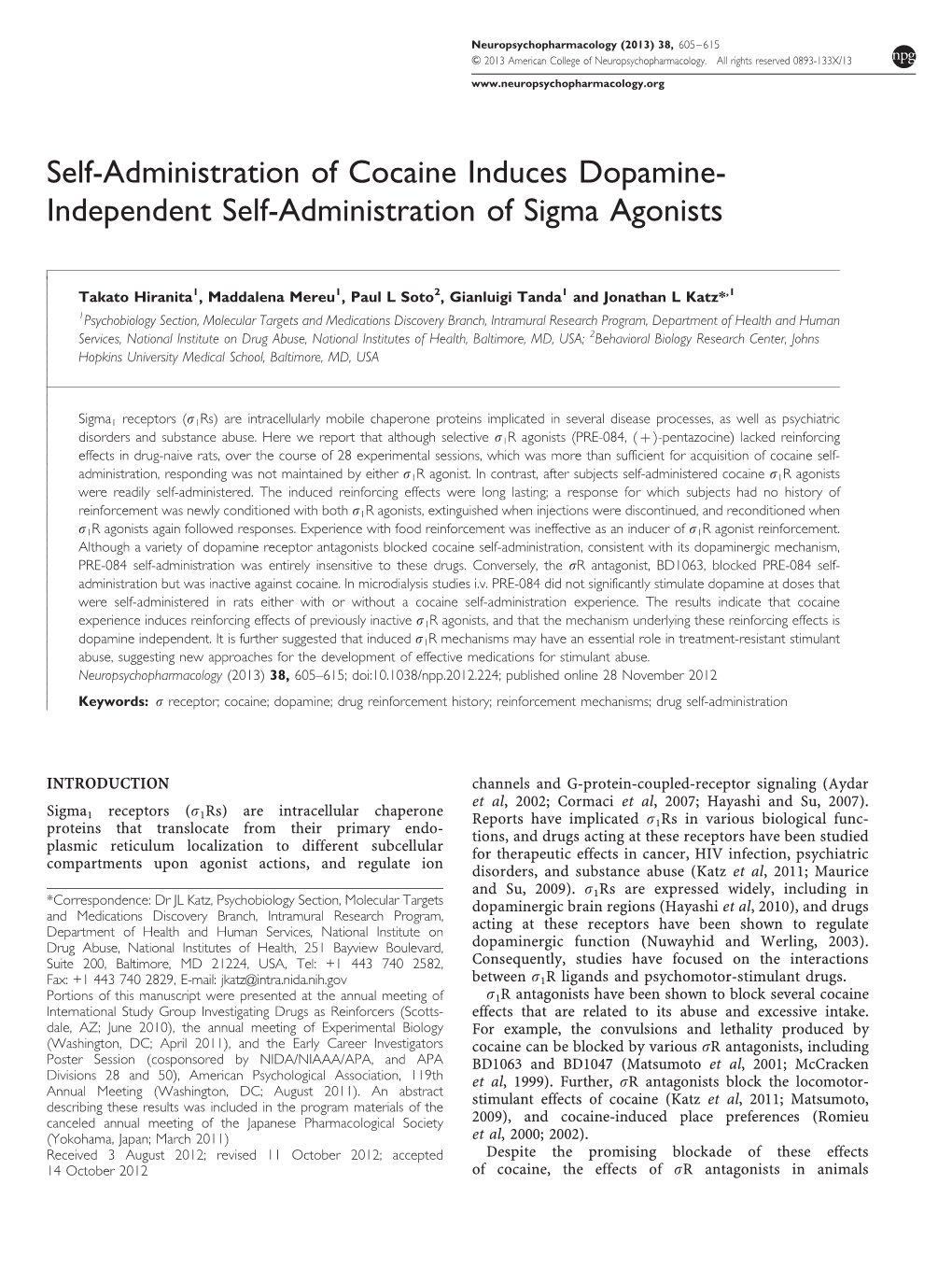 Self-Administration of Cocaine Induces Dopamine- Independent Self-Administration of Sigma Agonists