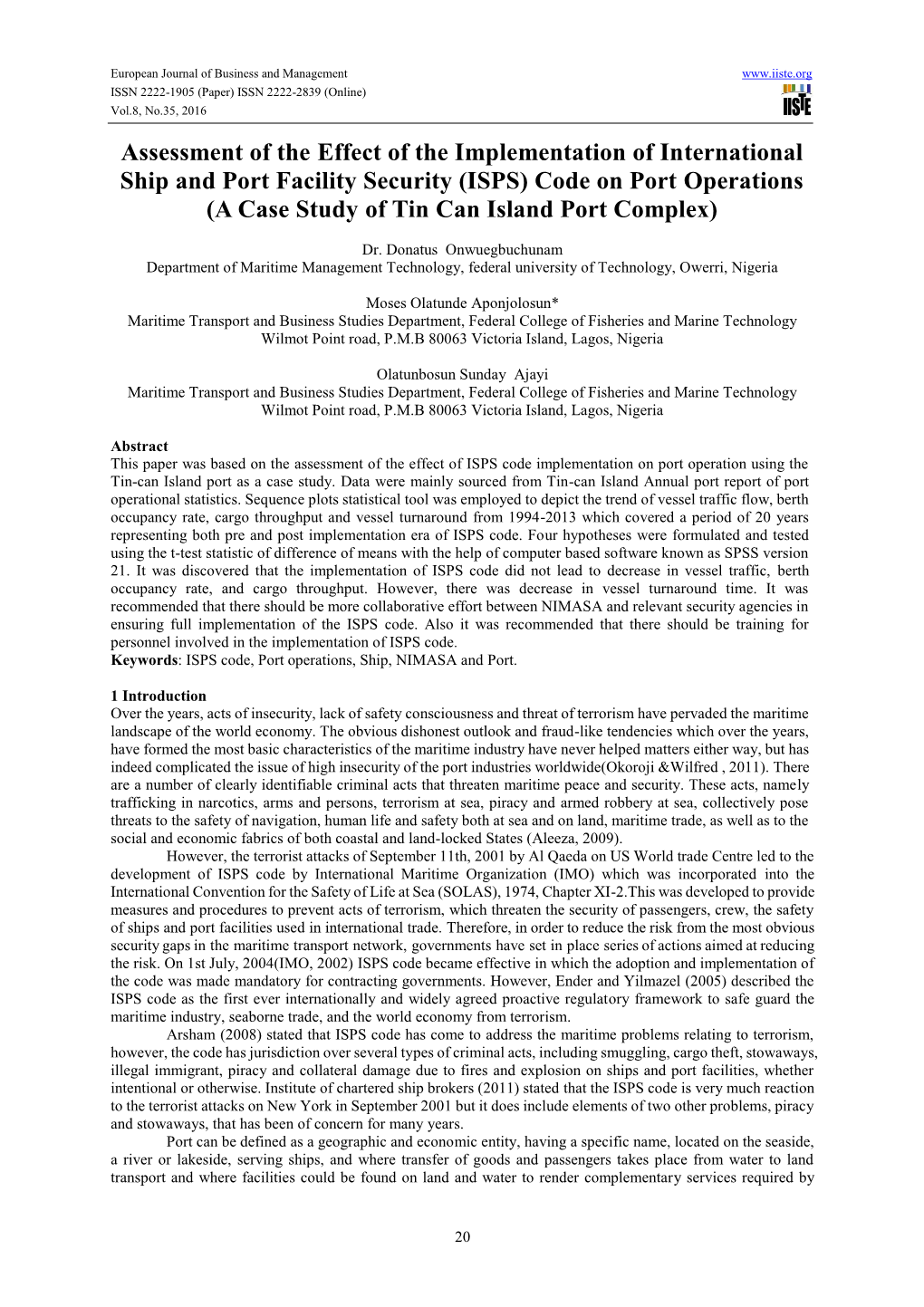 ISPS) Code on Port Operations (A Case Study of Tin Can Island Port Complex