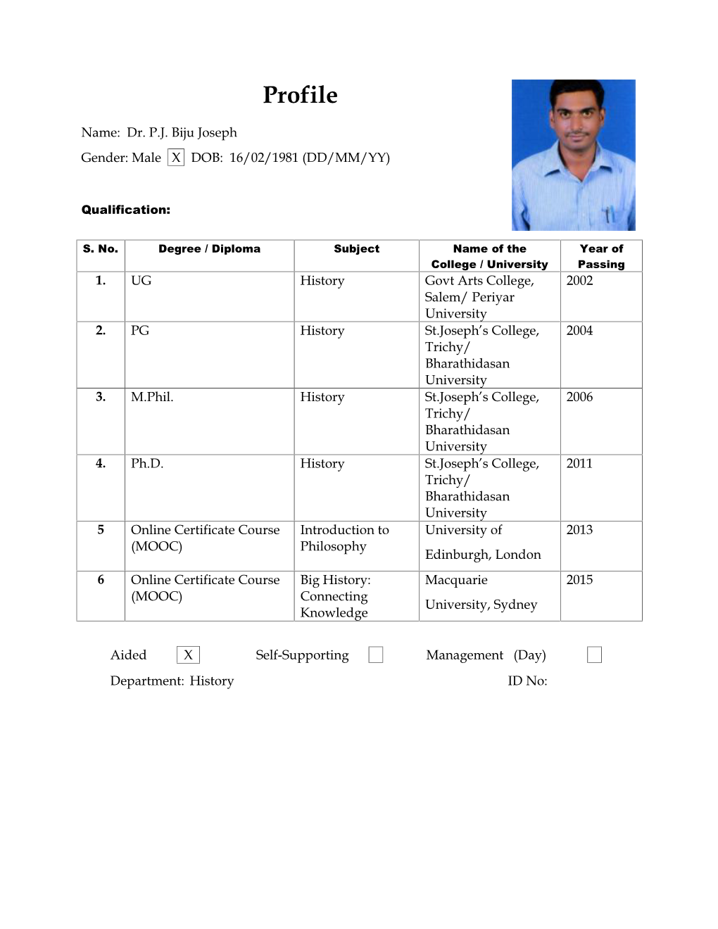 Staff Profile | Dr. P.J. Biju Joseph, Dept. of History