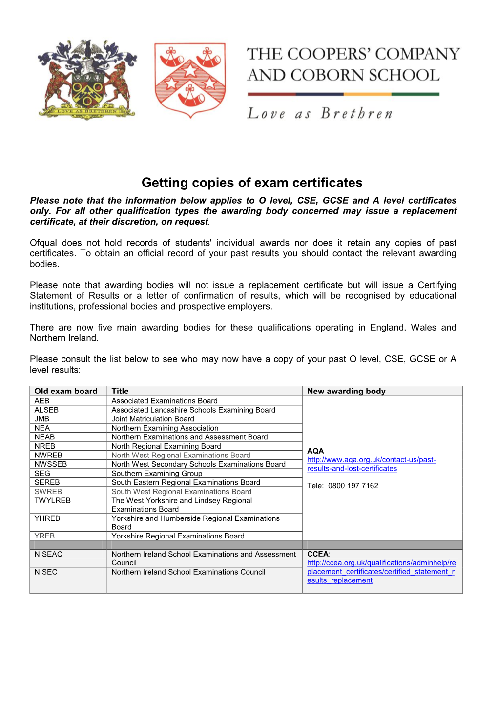 Getting Copies of Exam Certificates Please Note That the Information Below Applies to O Level, CSE, GCSE and a Level Certificates Only