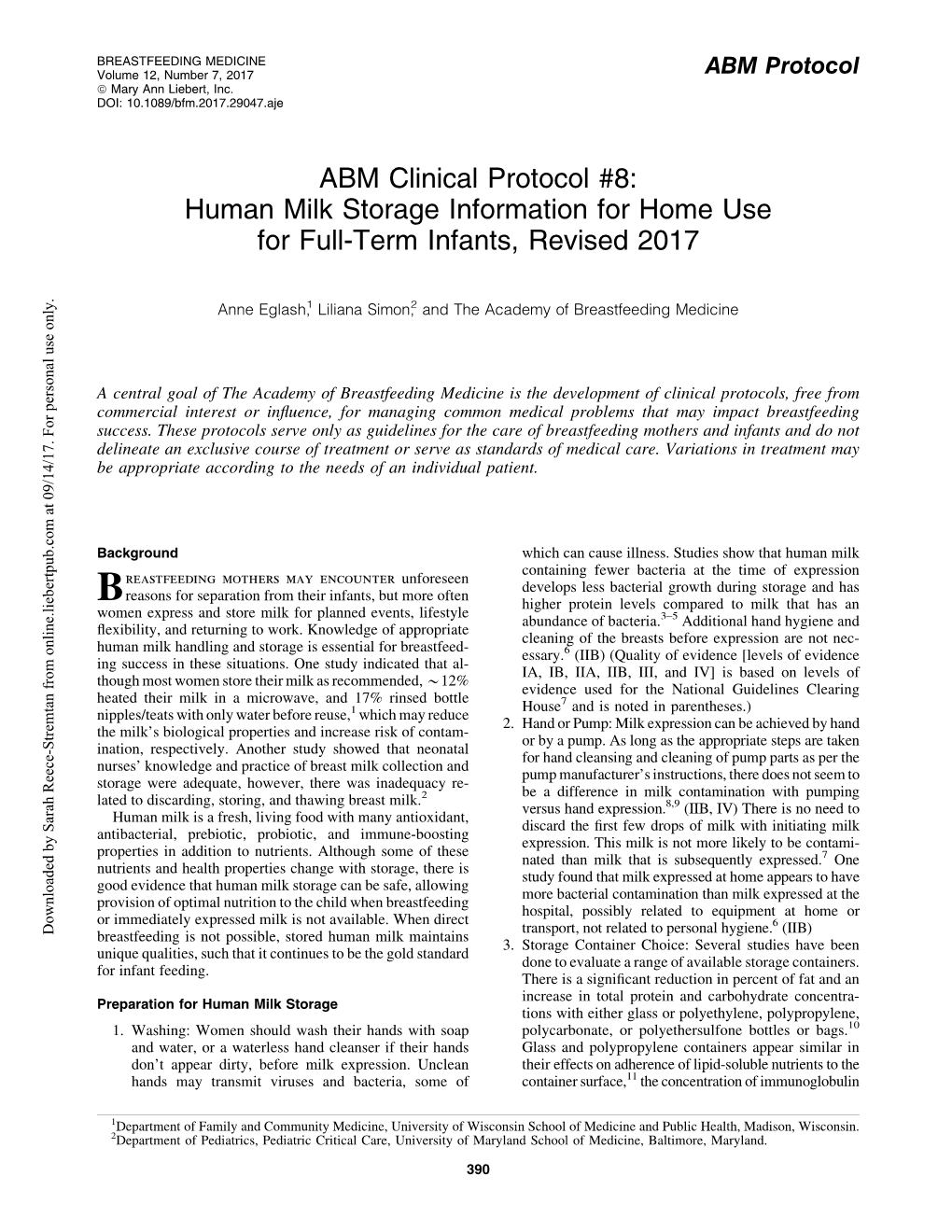 ABM Clinical Protocol #8: Human Milk Storage Information for Home Use for Full-Term Infants, Revised 2017