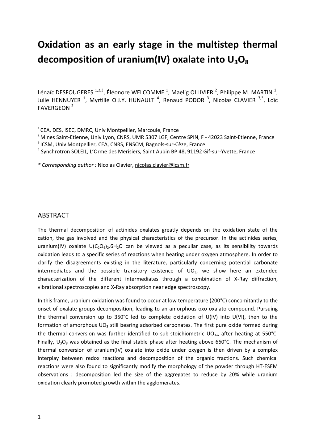 Oxidation As an Early Stage in the Multistep Thermal Decomposition of Uranium(IV) Oxalate Into U3O8