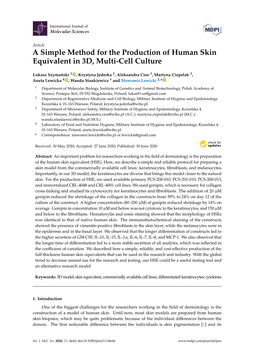 A Simple Method for the Production of Human Skin Equivalent in 3D, Multi-Cell Culture