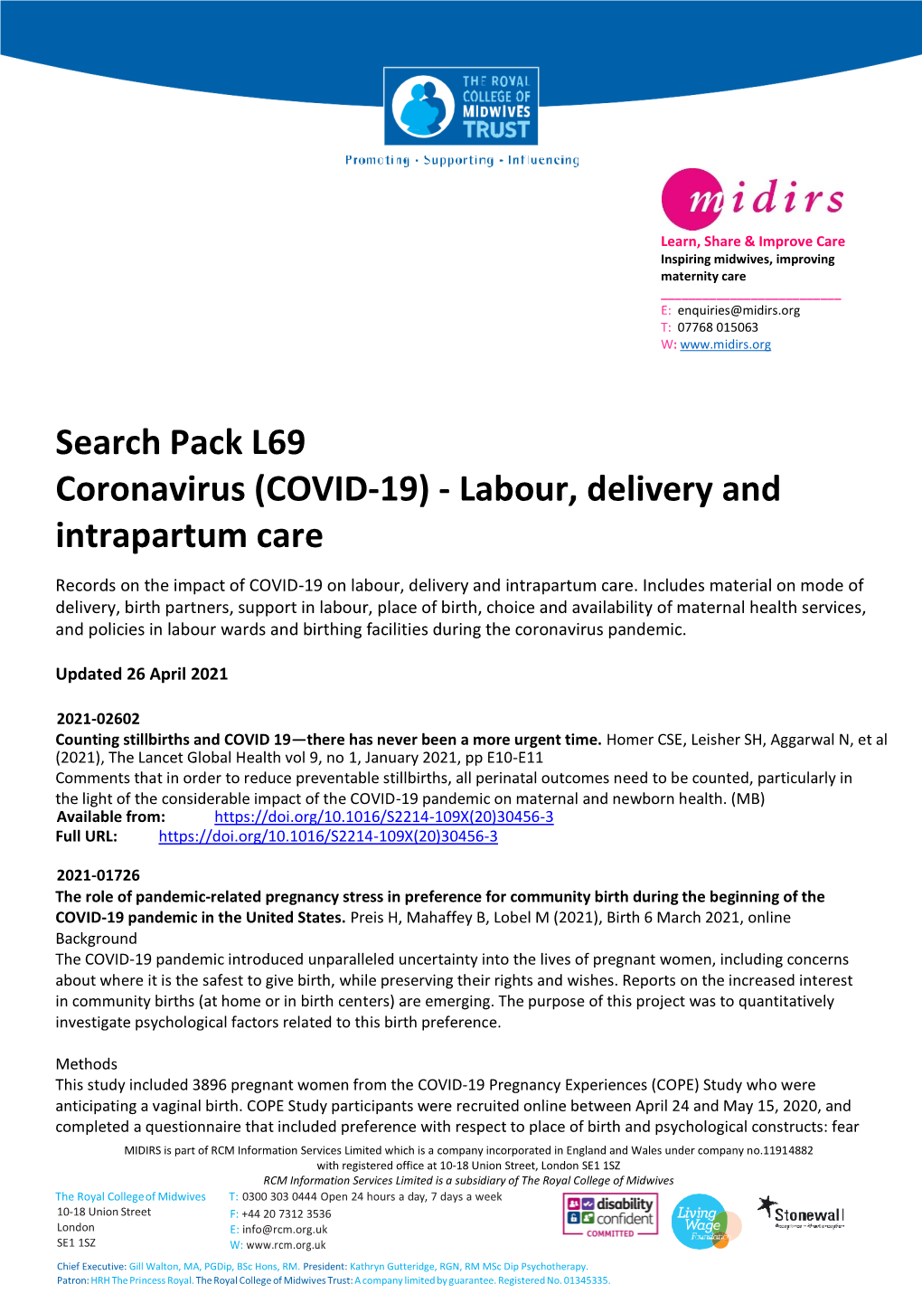 L69 Coronavirus (COVID-19) Labour, Delivery and Intrapartum Care