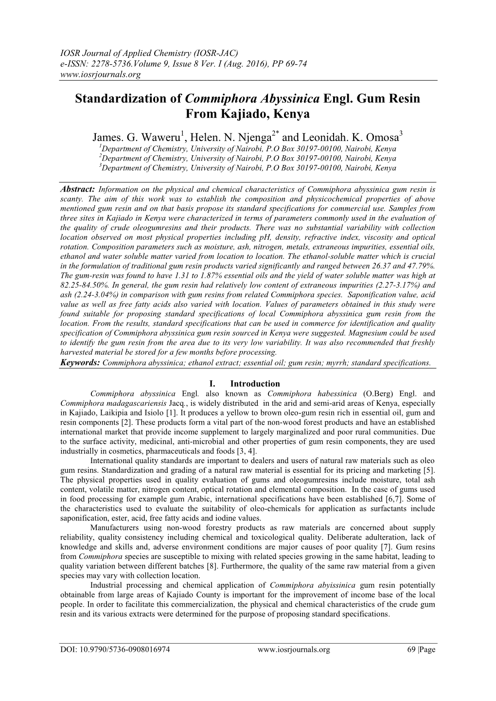 Standardization of Commiphora Abyssinica Engl. Gum Resin from Kajiado, Kenya