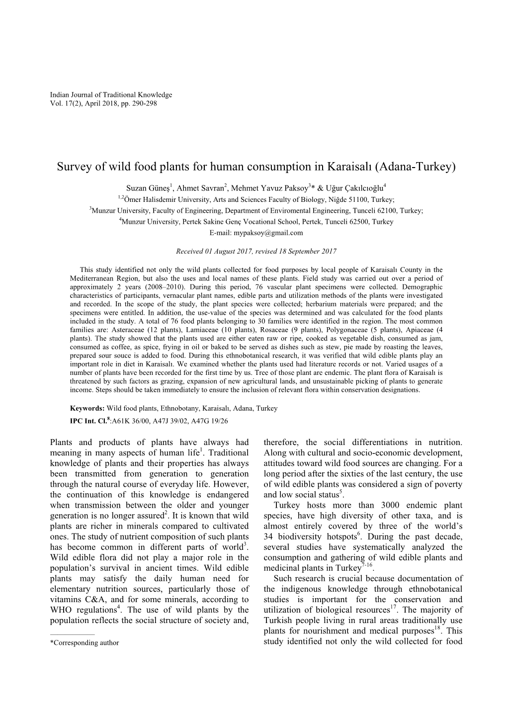 Survey of Wild Food Plants for Human Consumption in Karaisalı (Adana-Turkey)