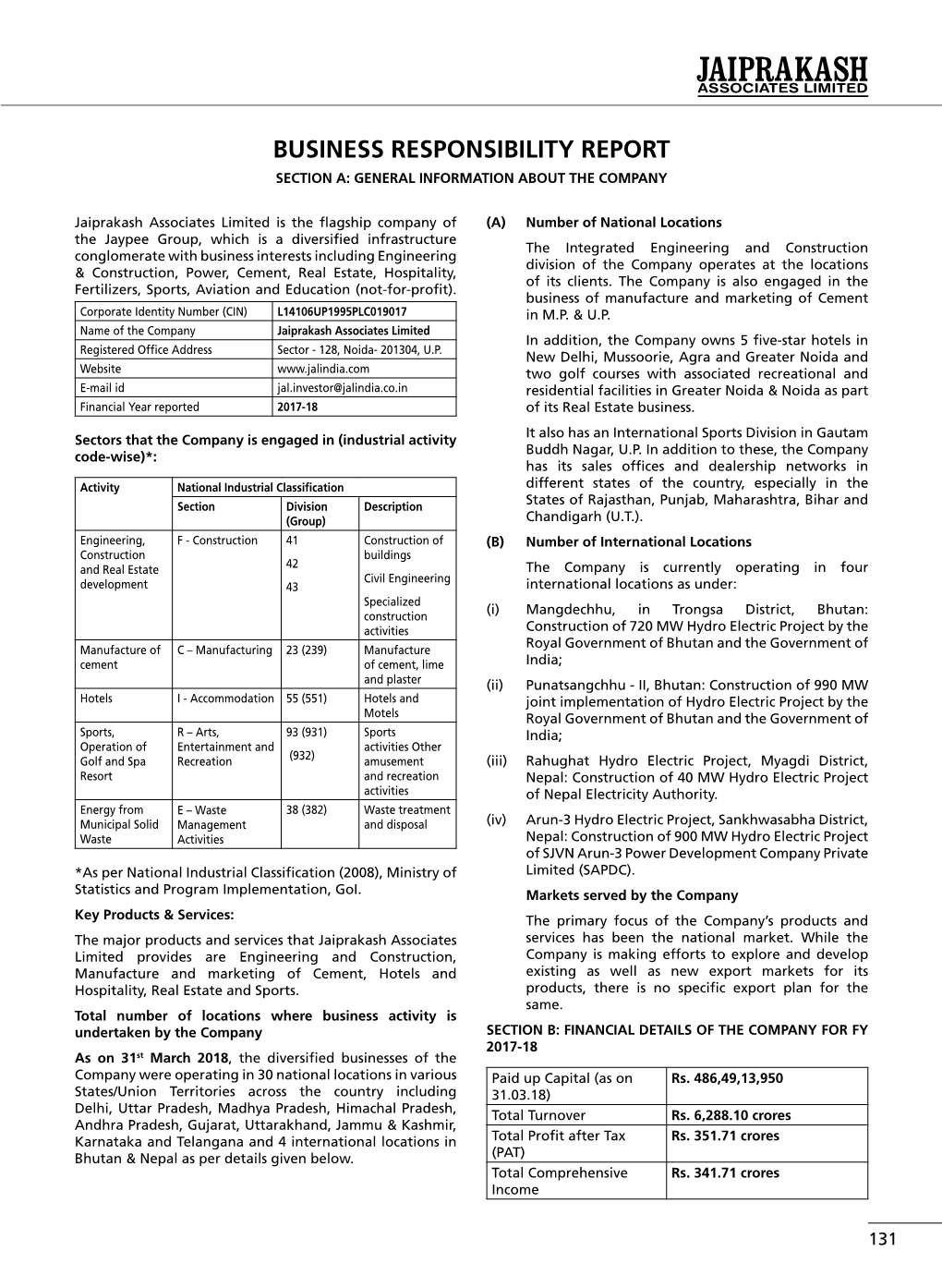 Business Responsibility Report Section A: General Information About the Company