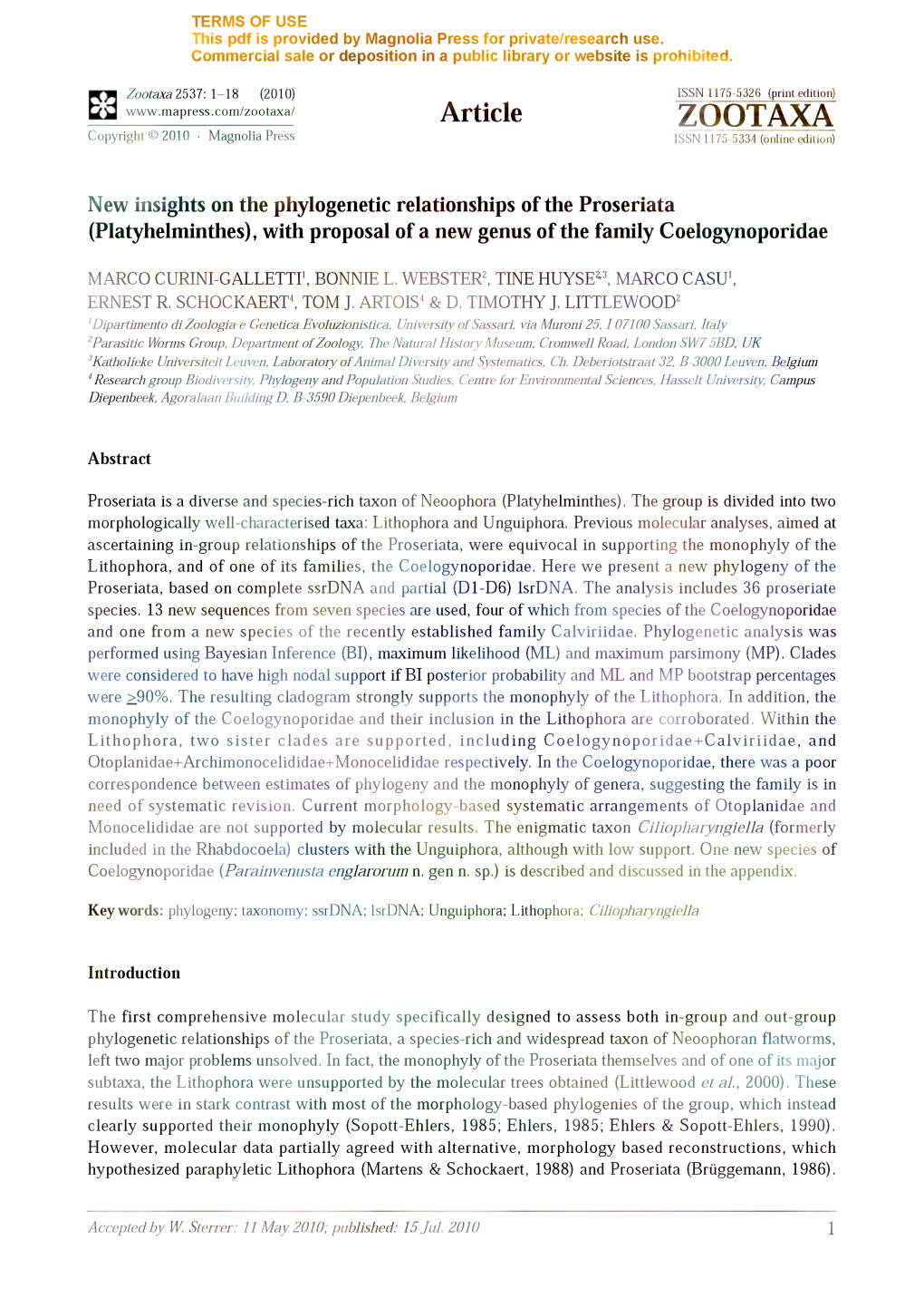 Zoootaxa, New Insights on the Phylogenetic Relationships of The