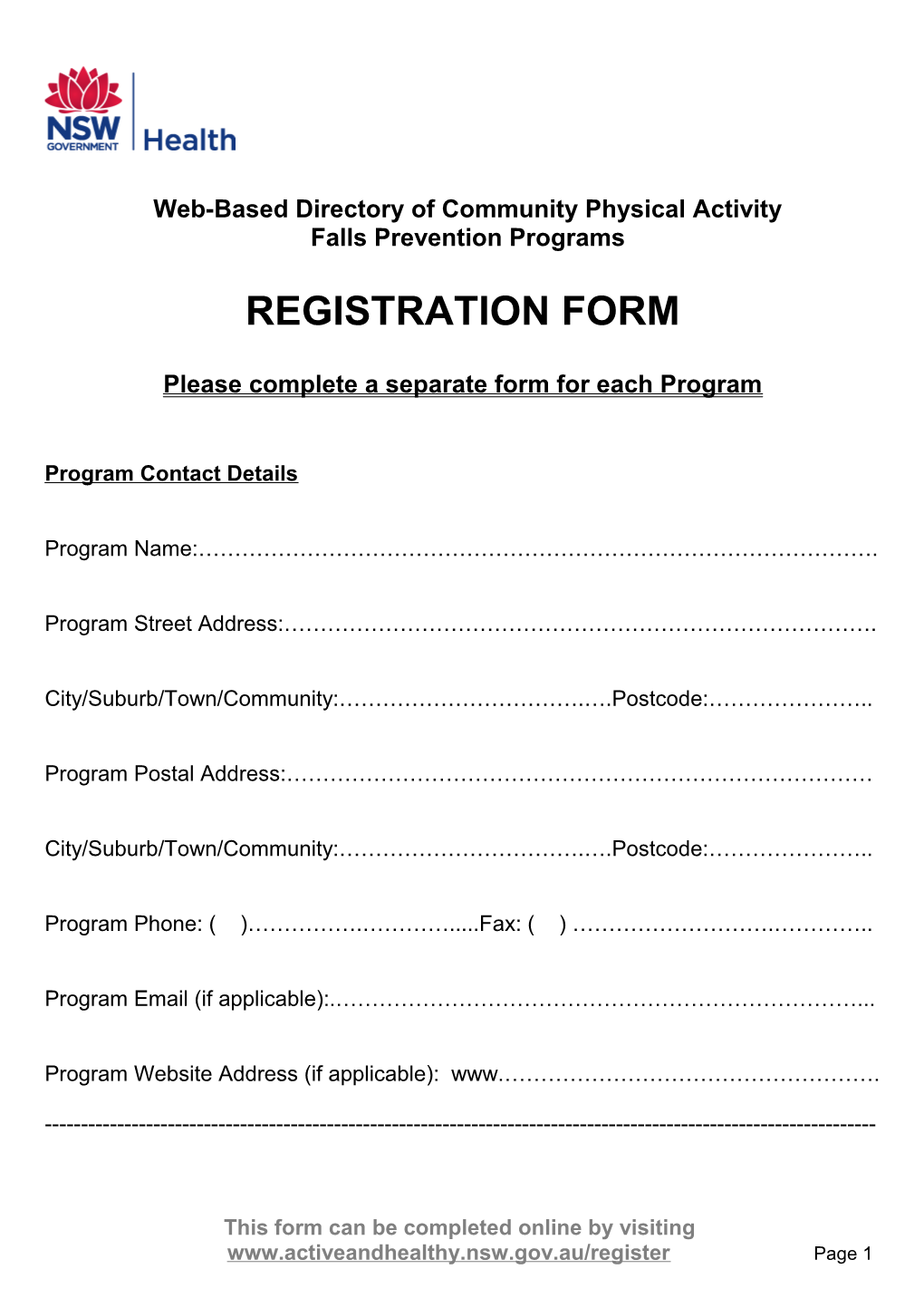 Possible Fields for Inclusion in Online Registration Form for Physical Activity Providers