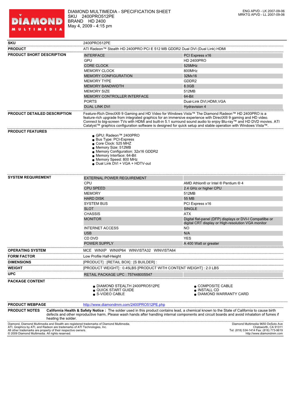 Specification Sheet Sku