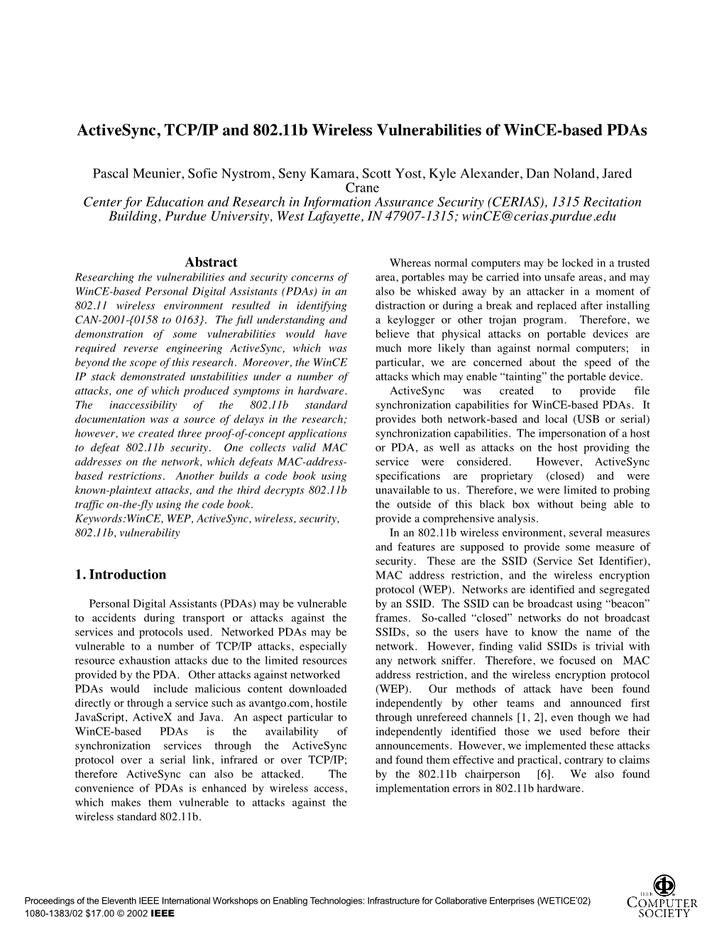 Activesync, TCP/IP and 802.11B Wireless Vulnerabilities of Wince-Based Pdas