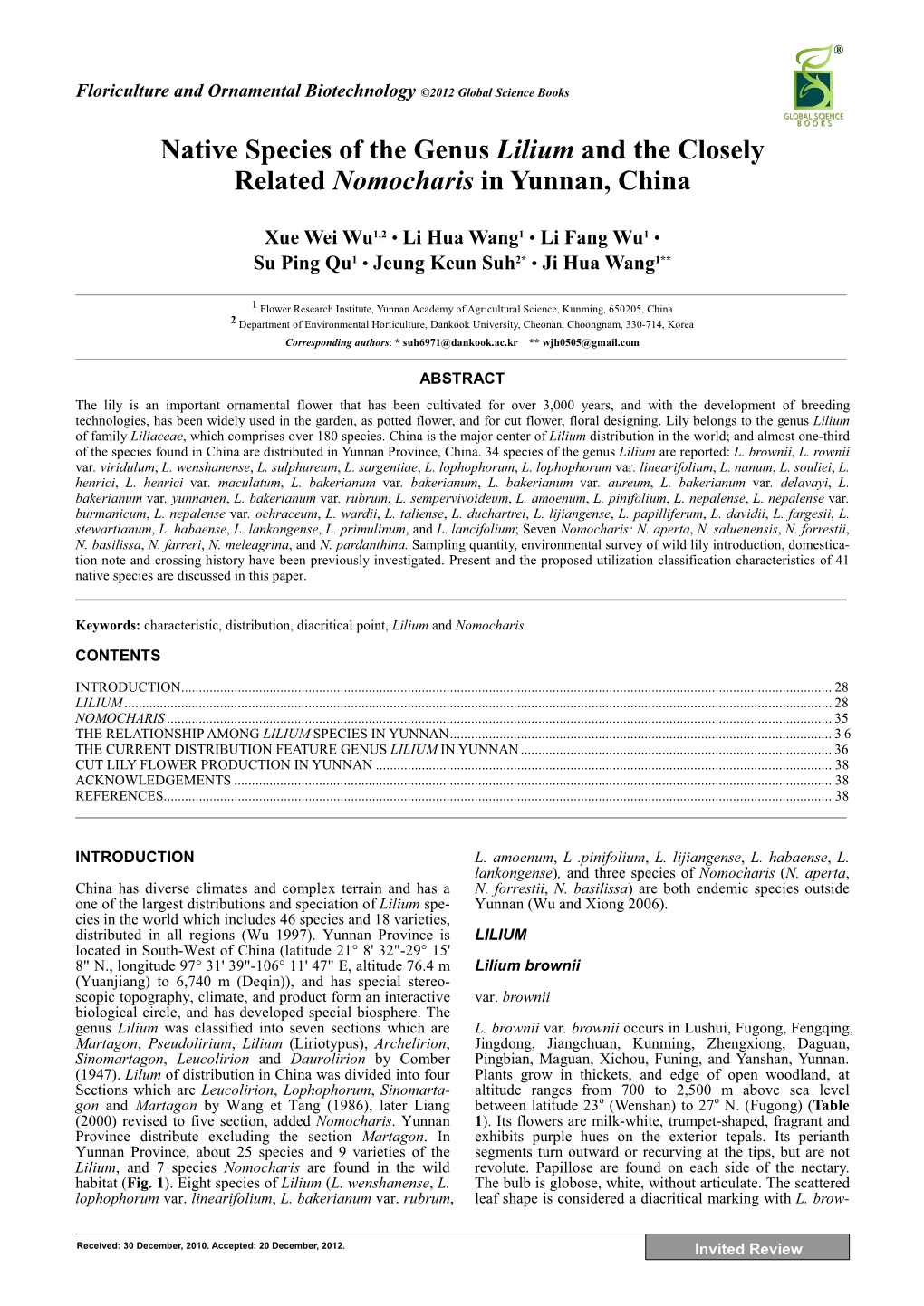 Native Species of the Genus Lilium and the Closely Related Nomocharis in Yunnan, China