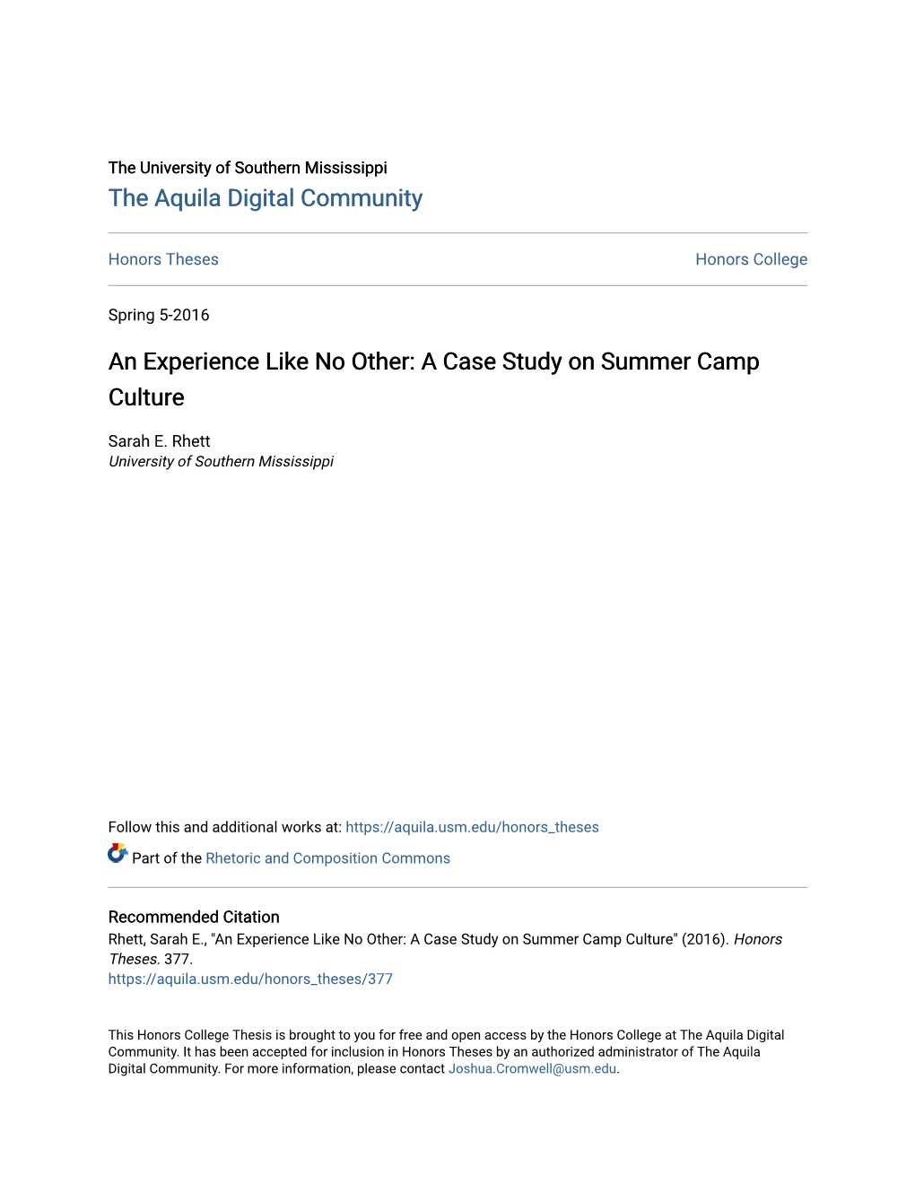 An Experience Like No Other: a Case Study on Summer Camp Culture